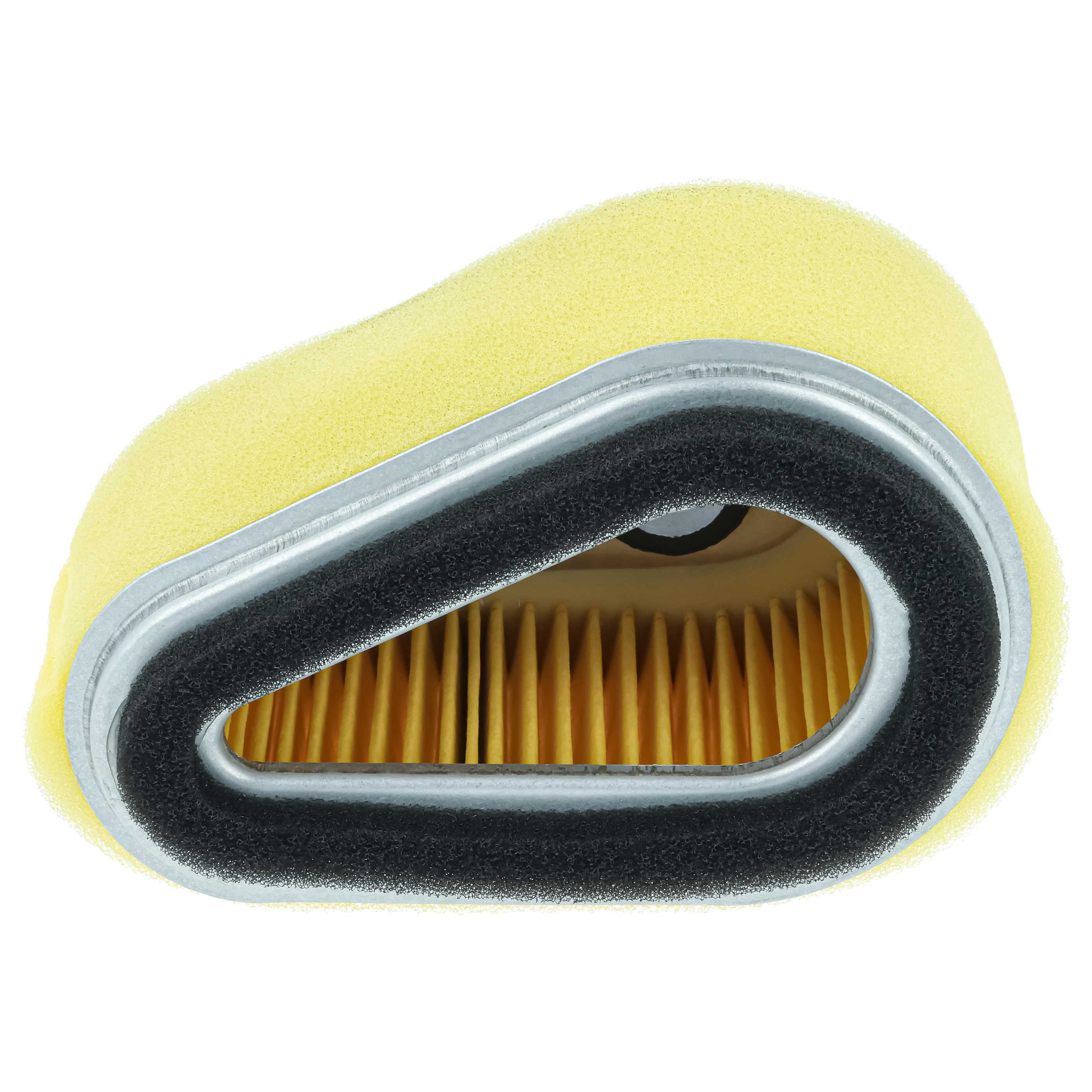 Ein gelber Luftfilter mit Metallrand und schwarzem Dichtungsrand.