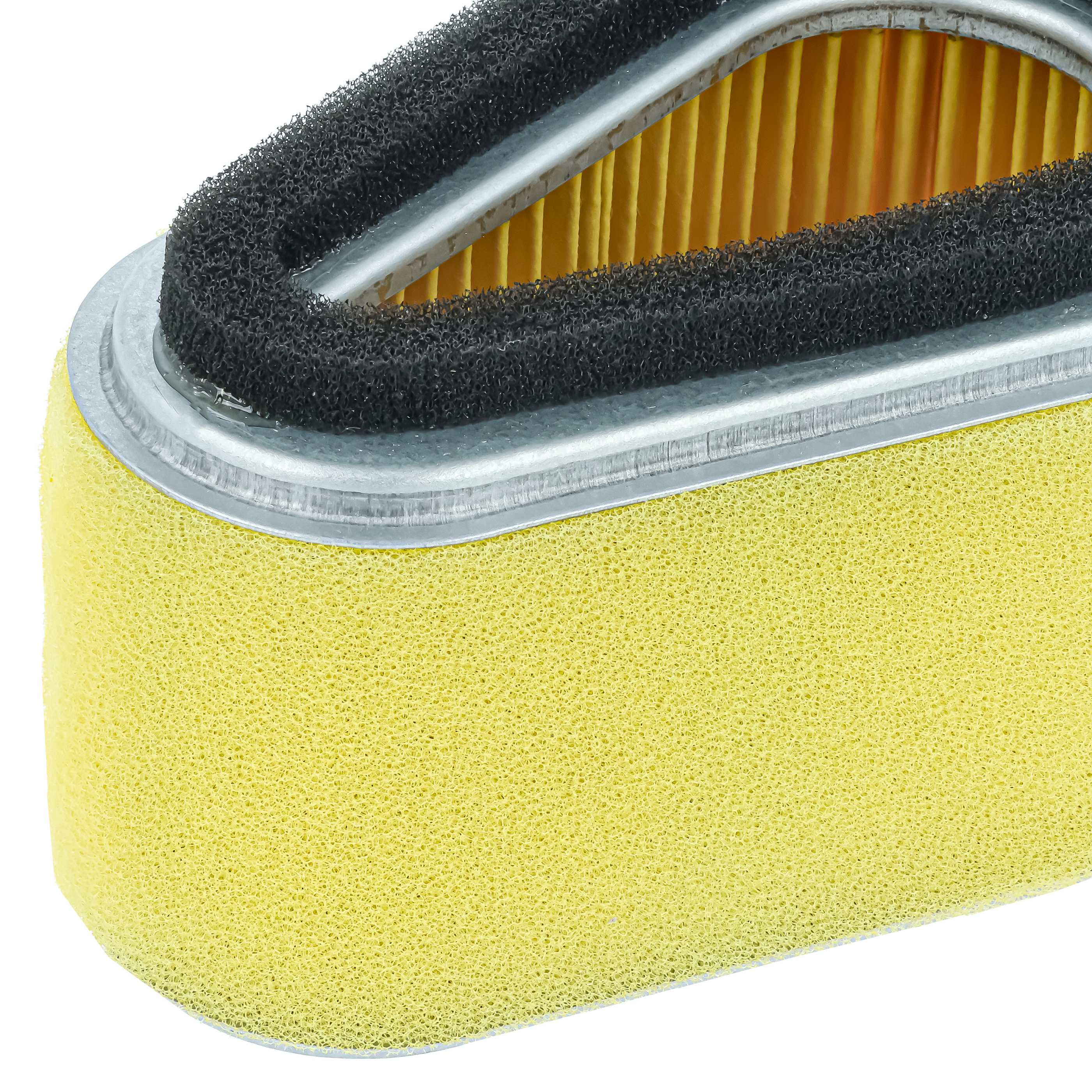 Ein gelber Luftfilter mit schwarzem Rand und Metallrahmen.