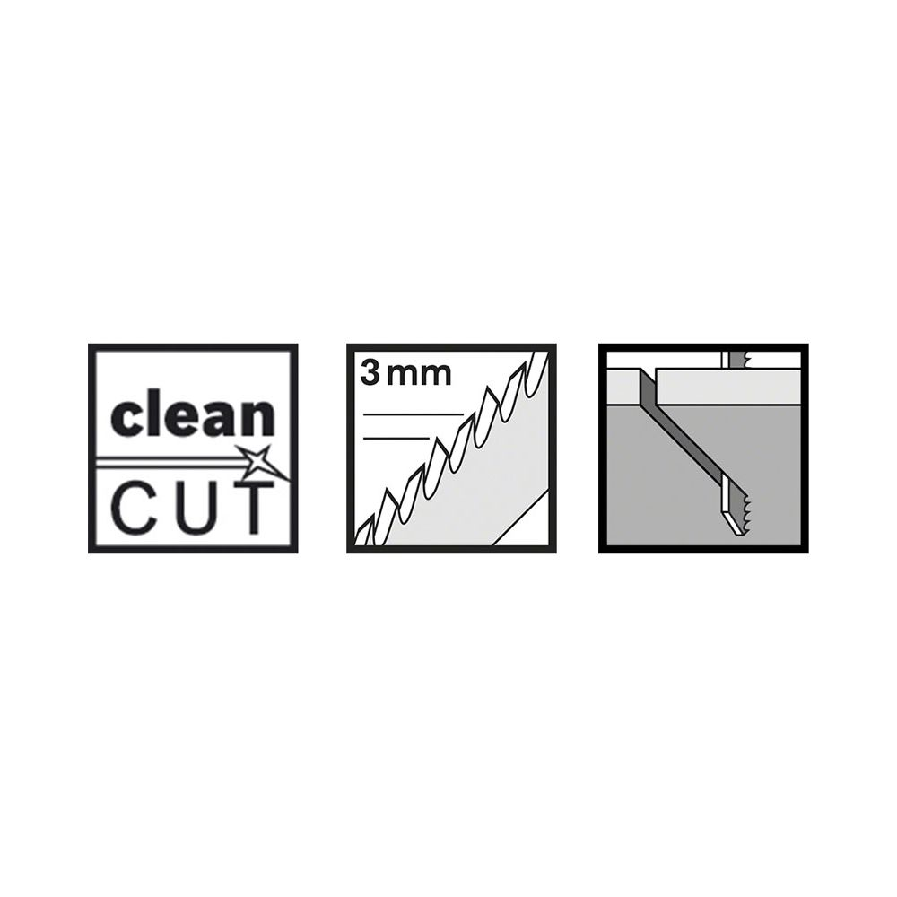 Drei Illustrationen: Logo 'clean CUT', Sägeblatt mit 3 mm Angabe, Schnittansicht.