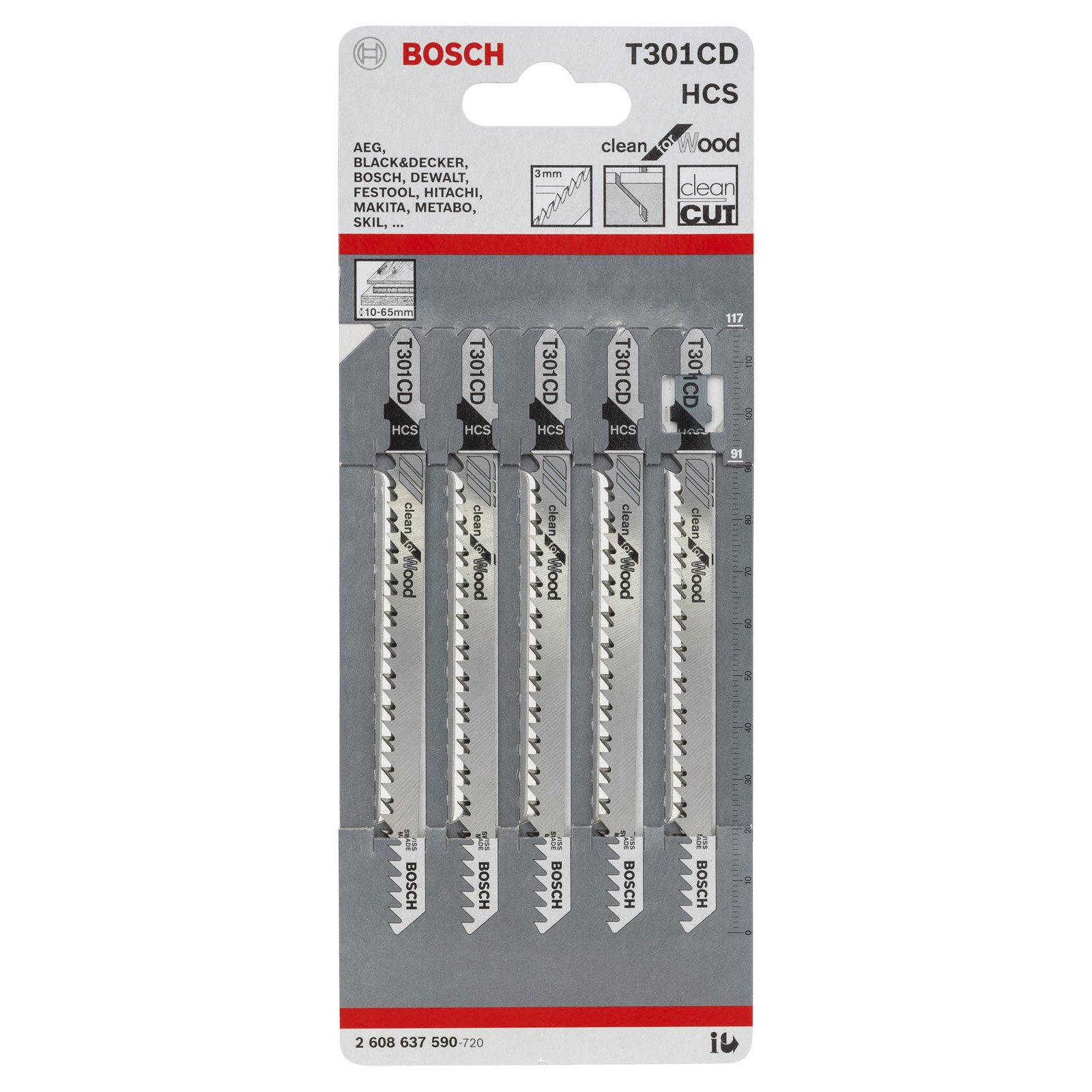 Bosch T301CD HCS Stichsägeblätter für Holz, im 6er-Pack, mit 3mm Schnittbreite.