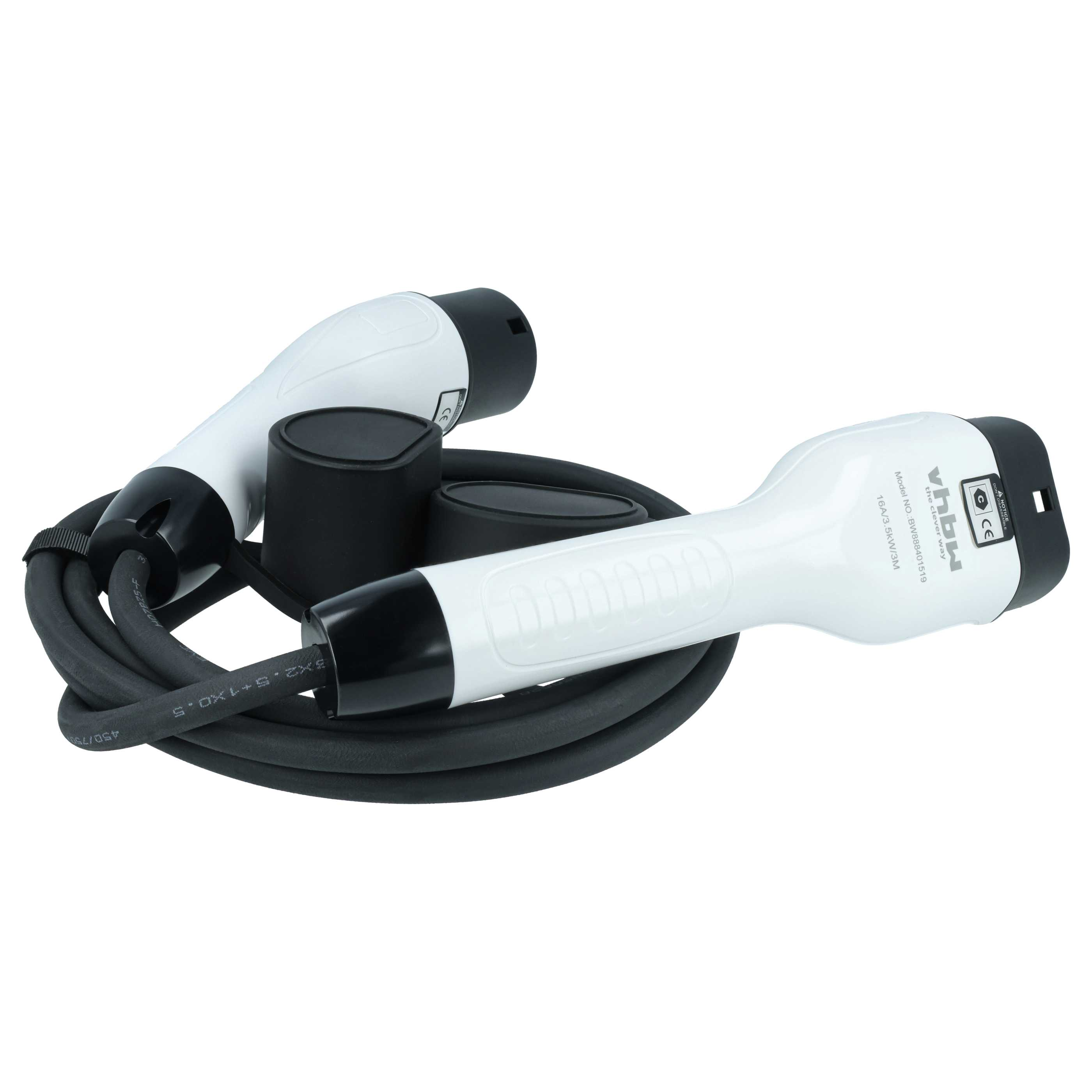 Zwei weiße und schwarze EV-Ladestecker mit schwarzem Kabel auf weißem Hintergrund.