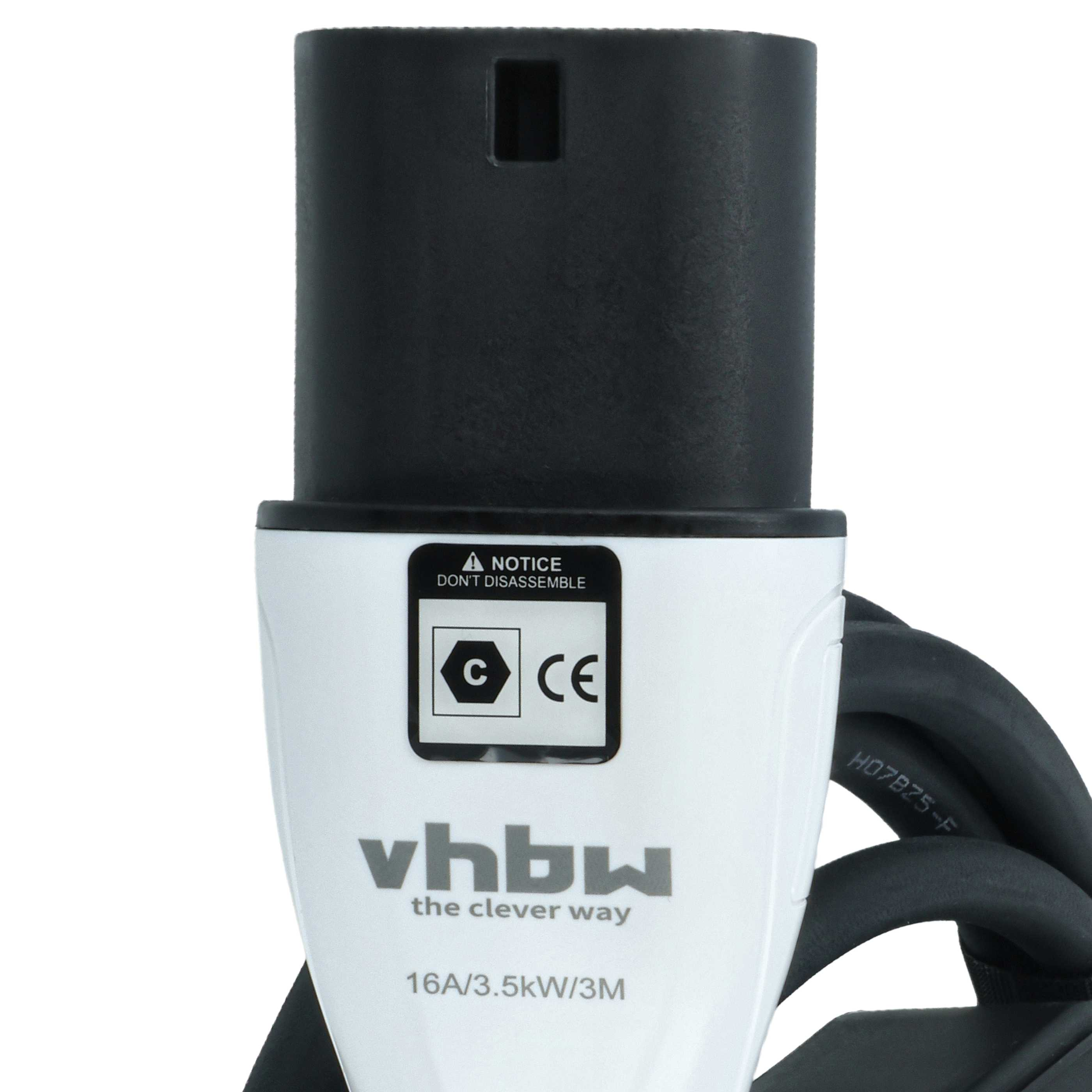Ein weißer Ladestecker mit schwarzem Kabel und Beschriftungen wie 'vhbw' und '16A'.
