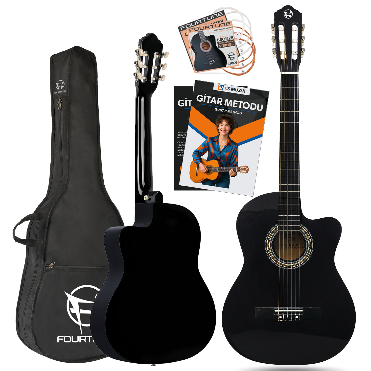 Beyaz zeminde iki siyah gitar, bir gitar çantası ve aksesuarlar.