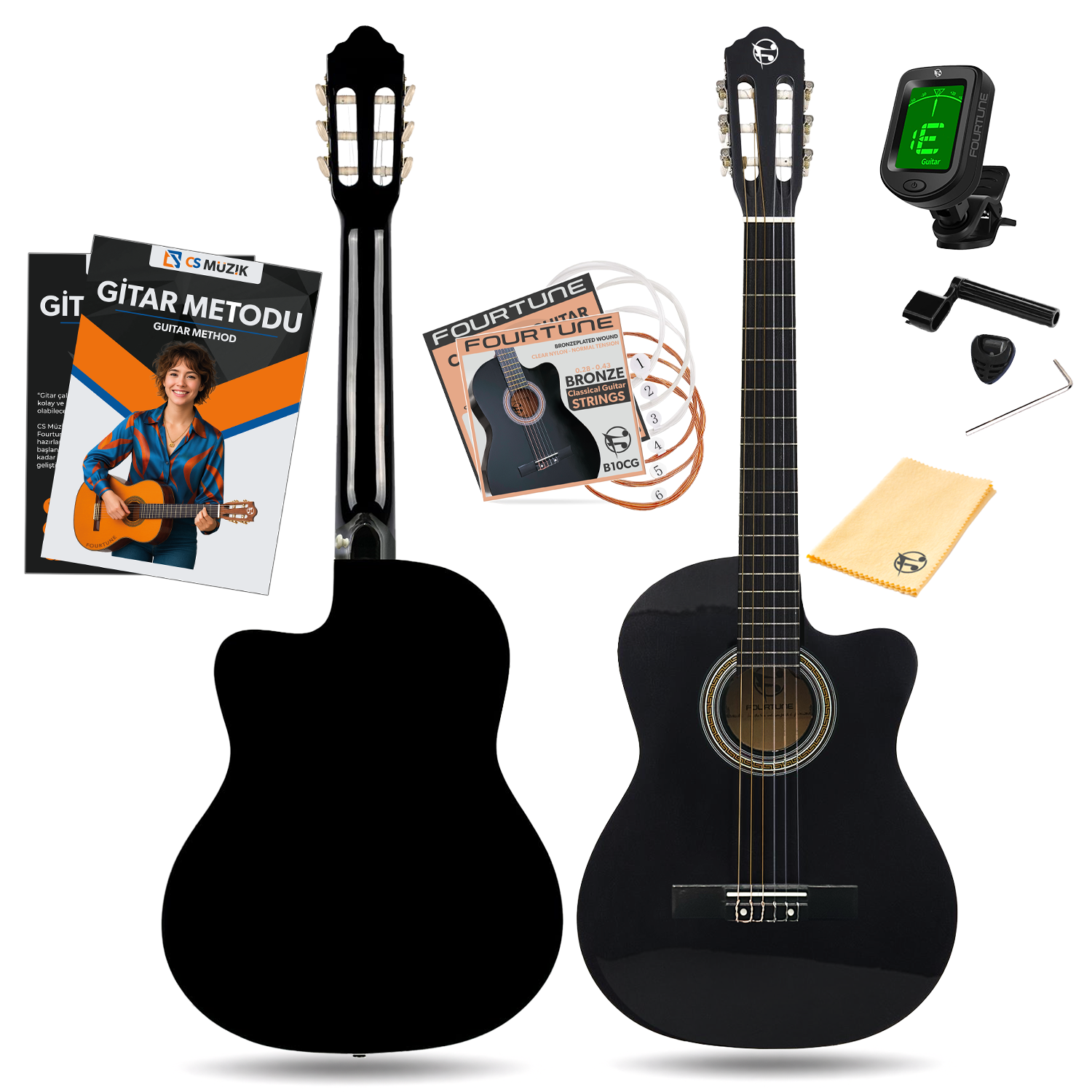 Aksesuarlı siyah gitar: gitar metodu, teller, tuner, pena, bez.