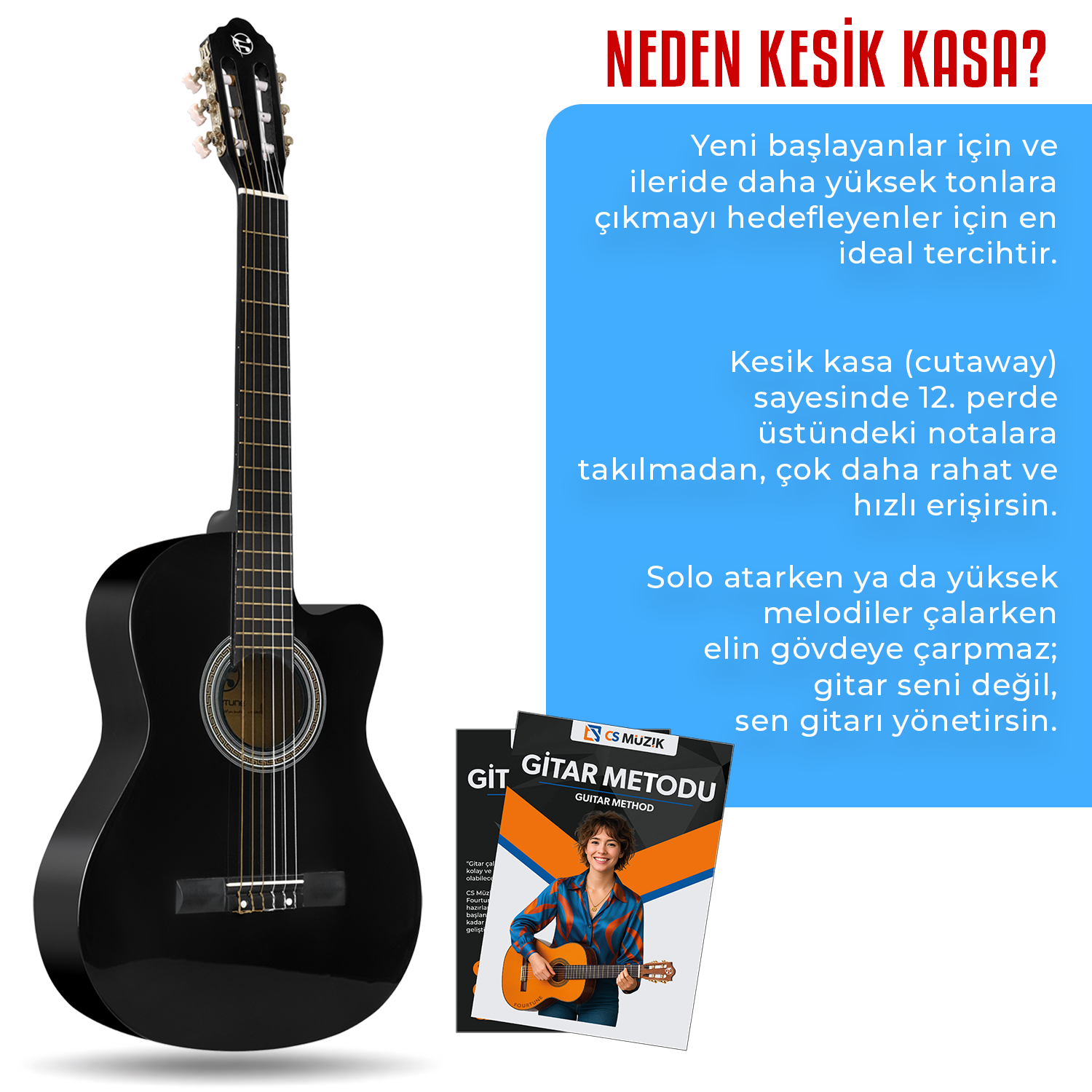 Kesik kasalı siyah akustik gitar ve gitar metot kitapları.