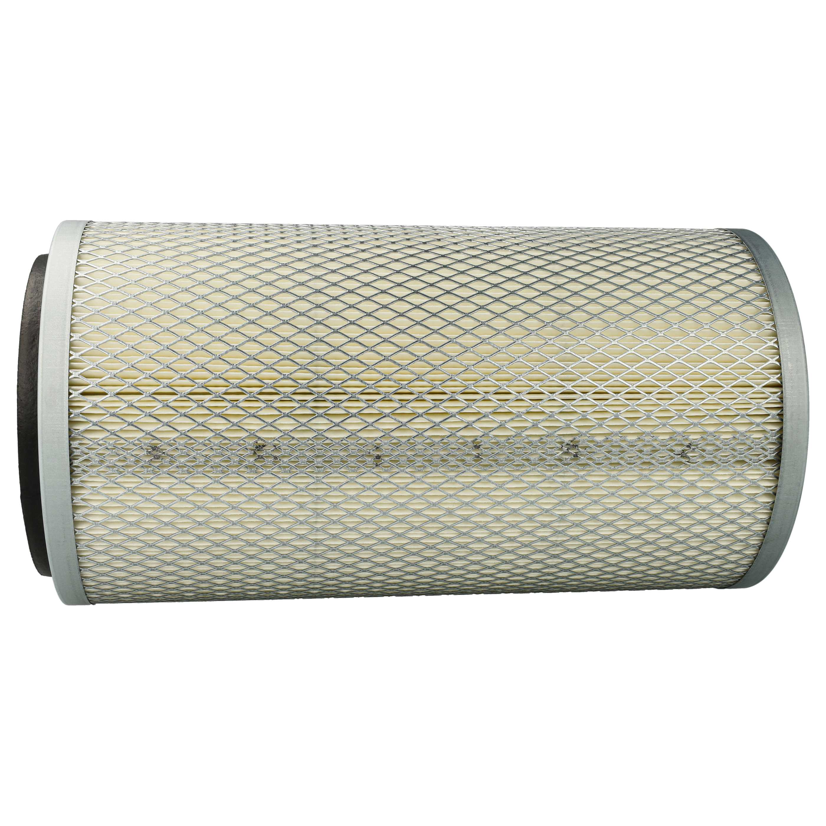 Ein zylindrischer Luftfilter mit weißem Papier und silbernem Metallgitter.