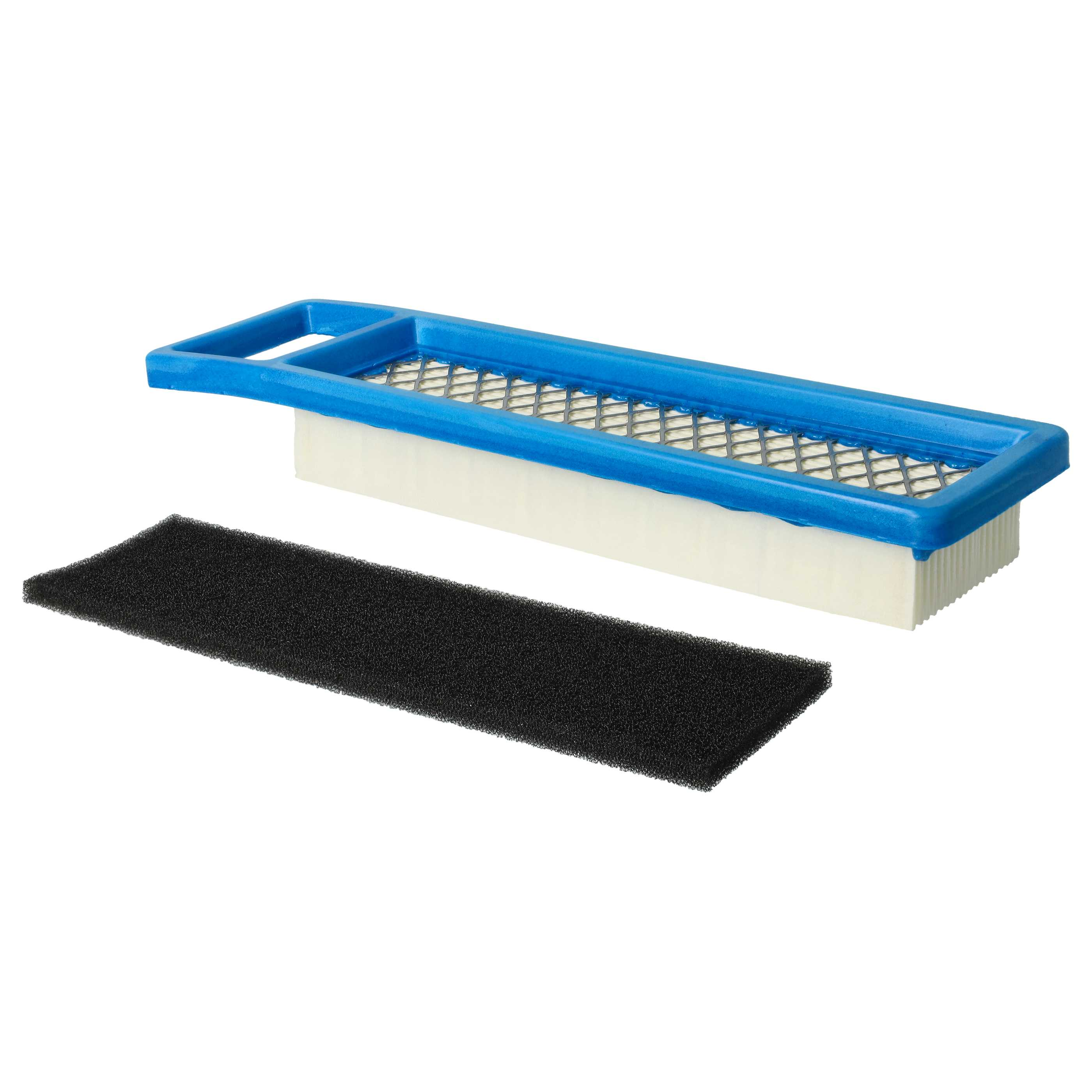 Ein weißer Luftfilter mit blauem Rahmen und ein schwarzer Schaumstofffilter.