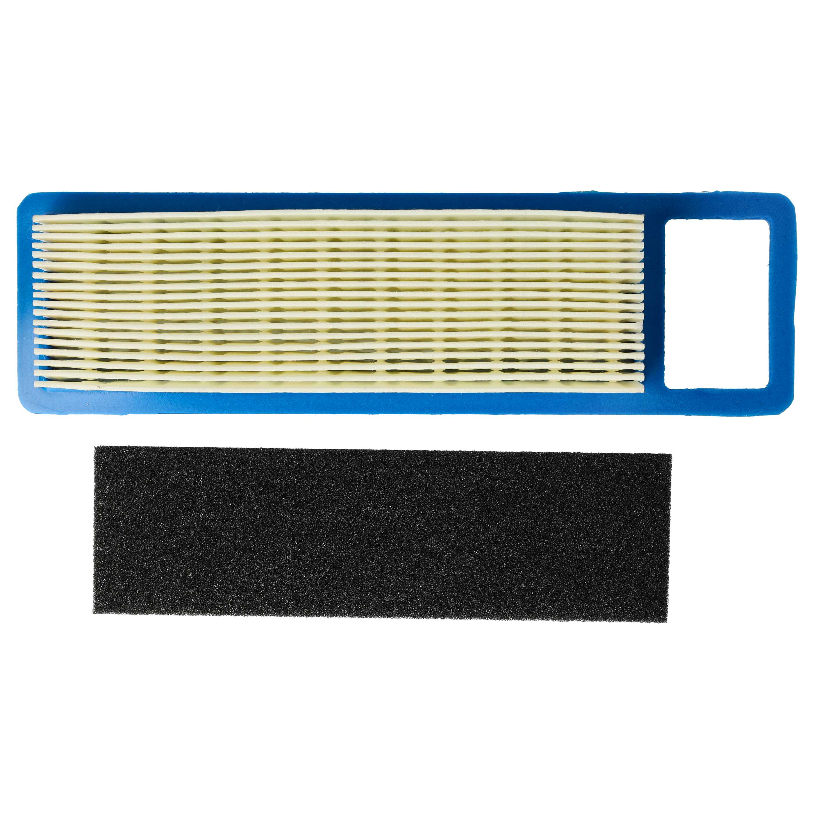 Ein blauer Luftfilter mit gelben Lamellen und ein schwarzer Schaumstofffilter.