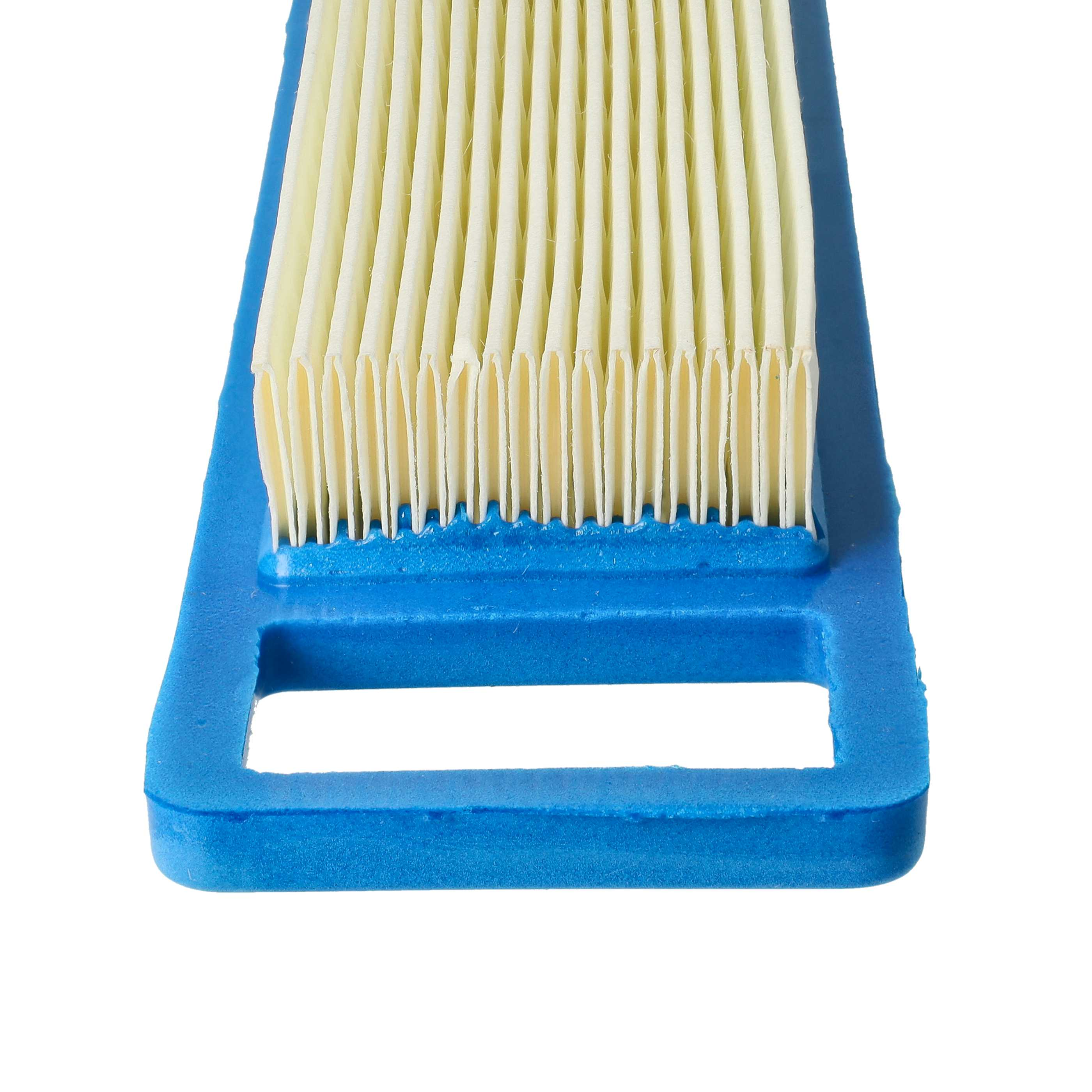 Ein blauer rechteckiger Luftfilter mit gelben Falten auf weißem Hintergrund.