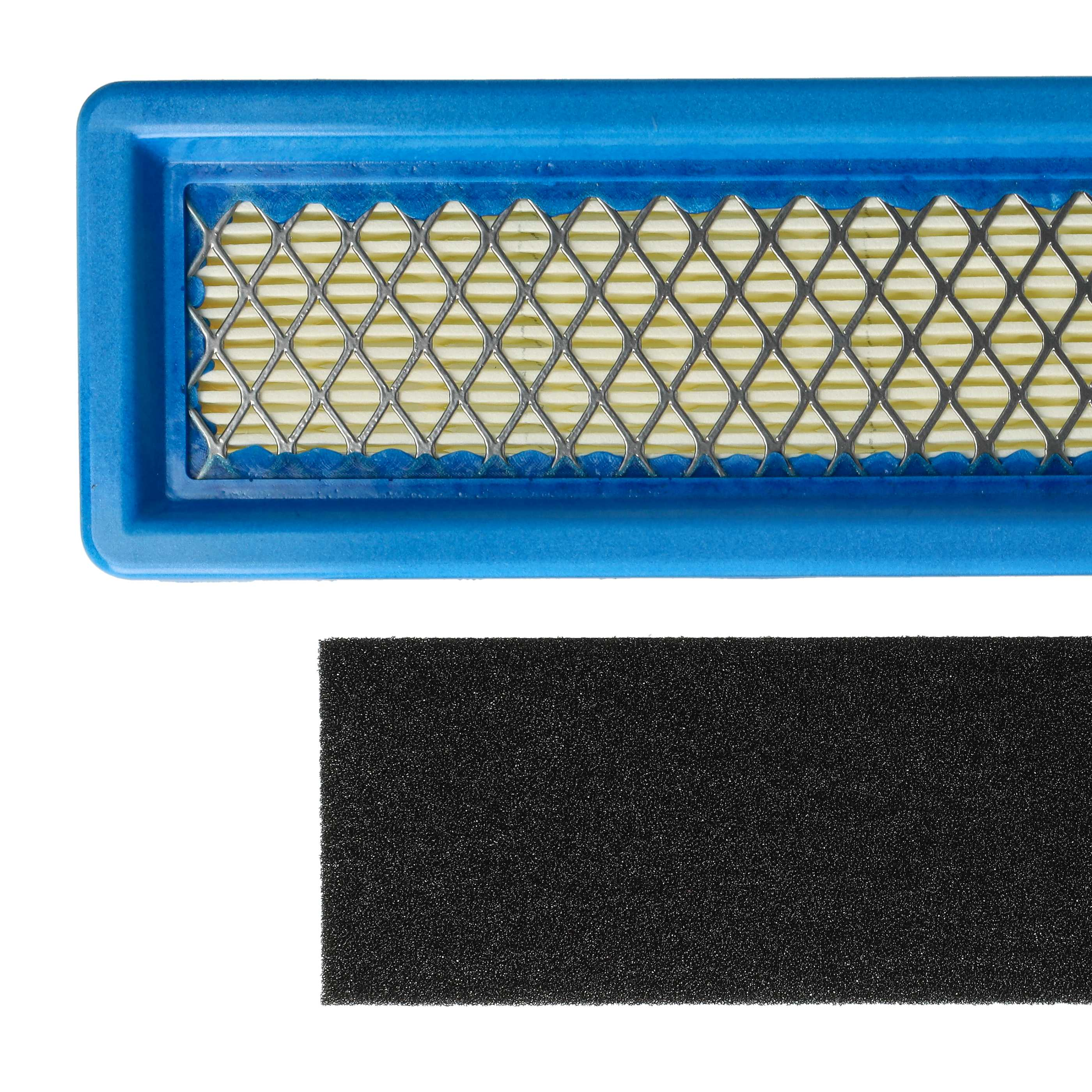 Ein blauer Luftfilter mit einem Metallgitter und ein schwarzer Schaumstoffblock.
