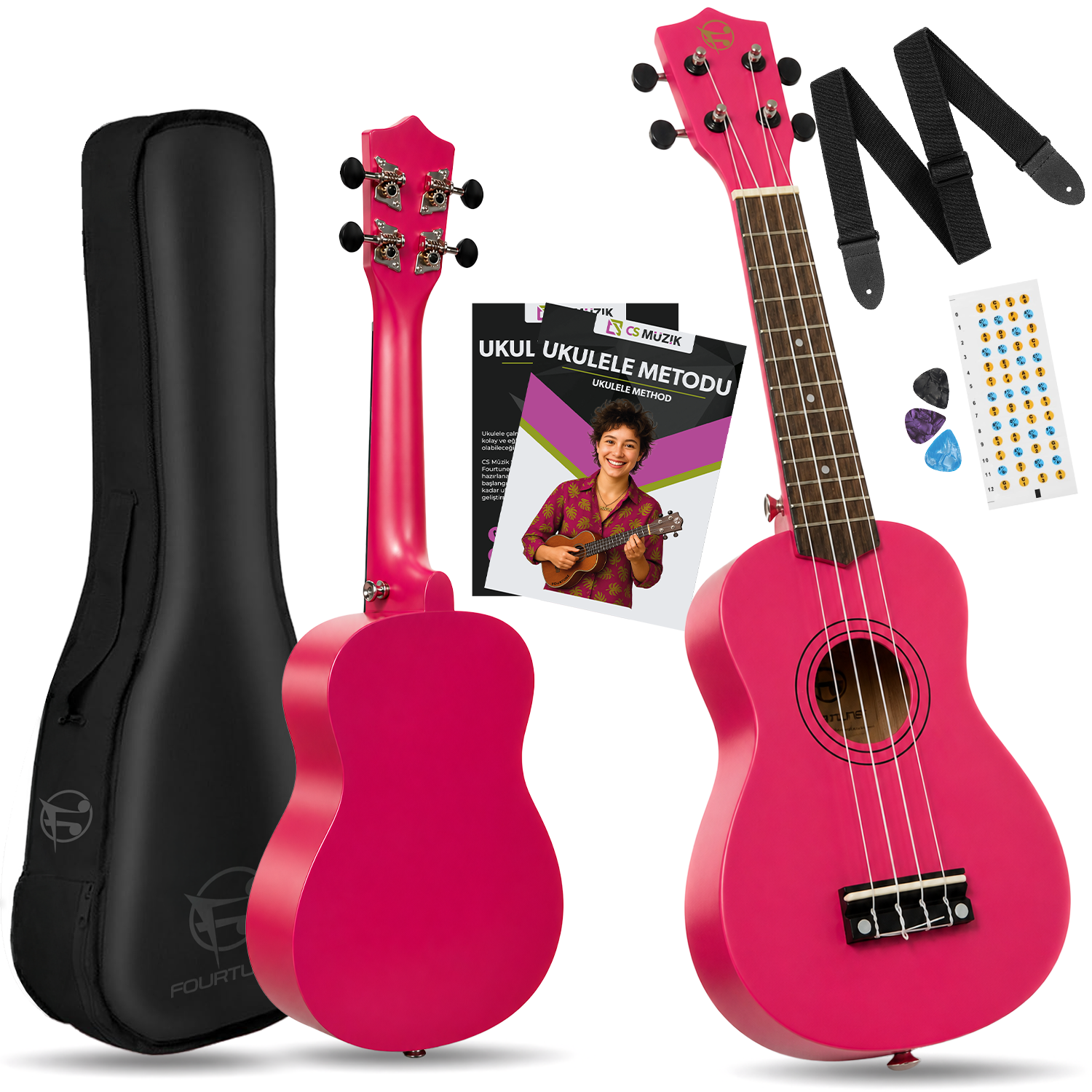 Pembe ukulele seti kılıf, askı, pena ve yöntem kitabı ile.