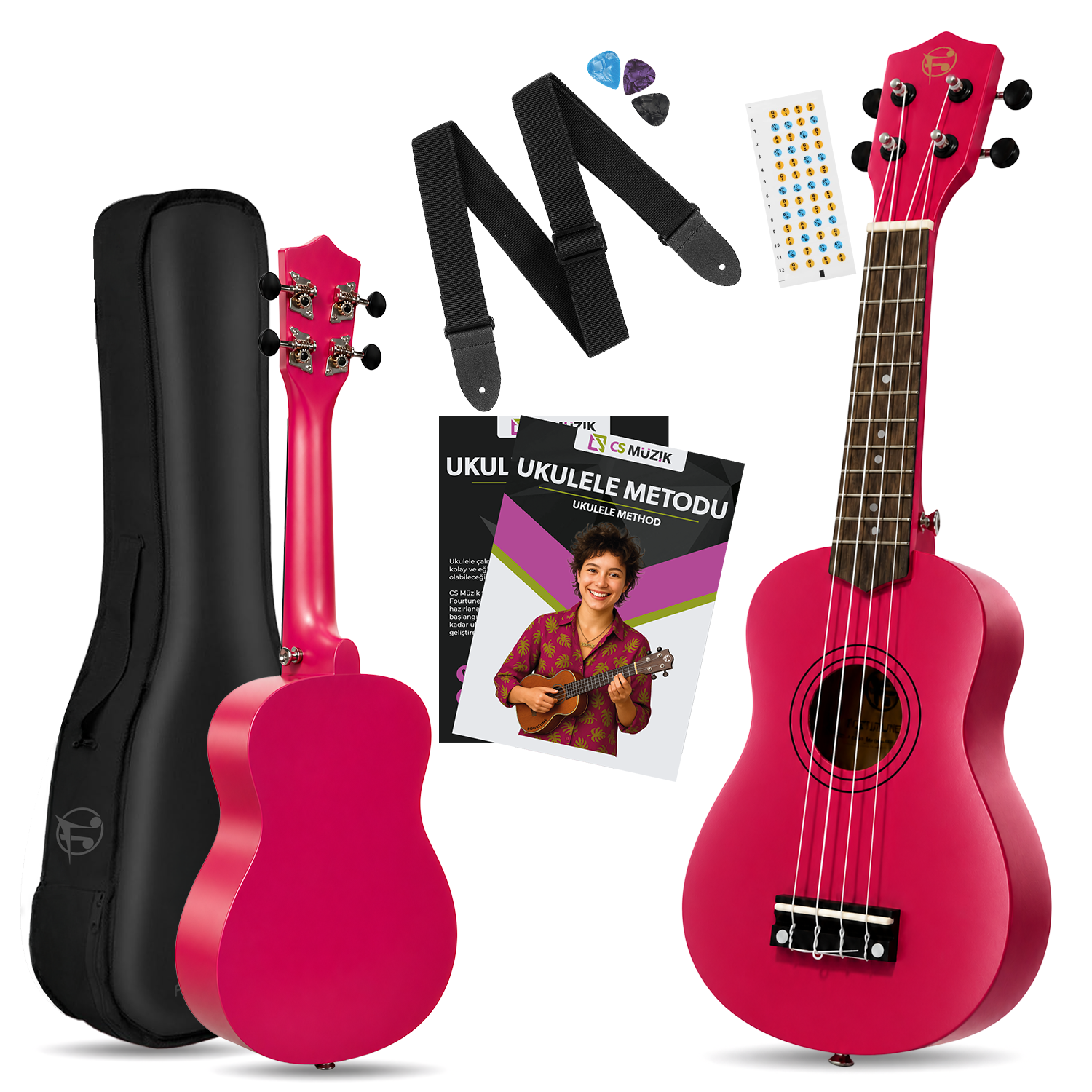 Pembe ukulele seti çanta, askı, pena ve metod kitabı ile.