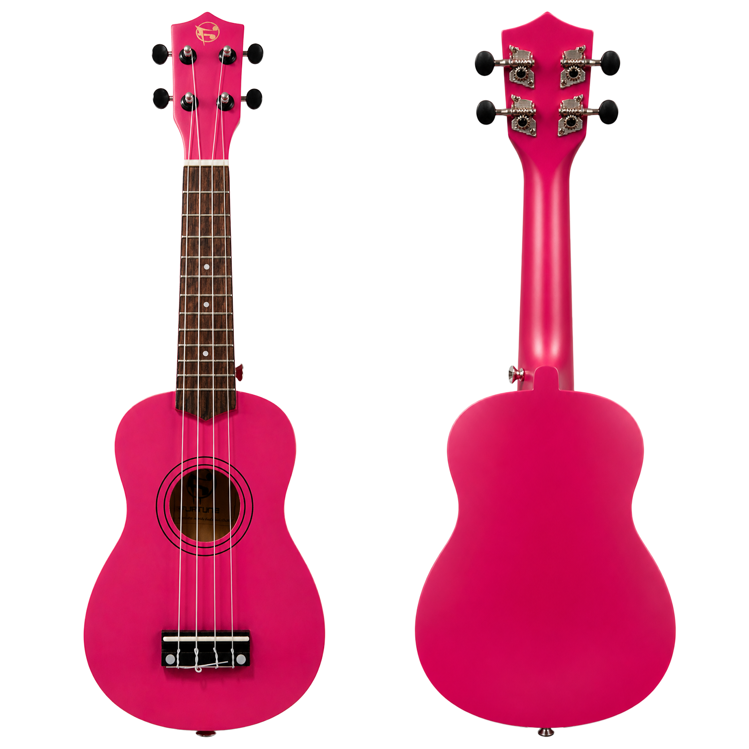 Parlak pembe bir ukulele'nin iki görünümü, ön ve arka tarafı gösteriliyor.