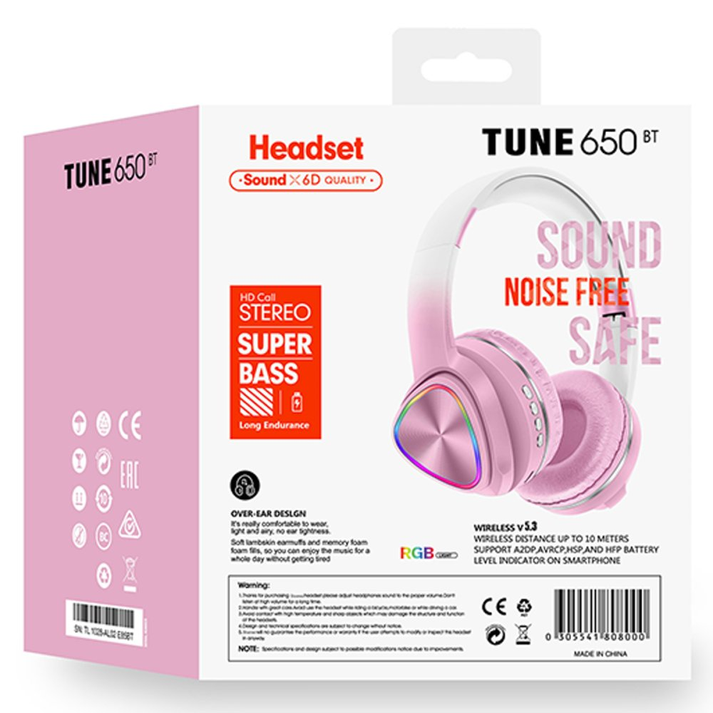 Pembe kulaklıklı kutu, TUNE 650 BT, Stereo, Süper Bas, Gürültüsüz.