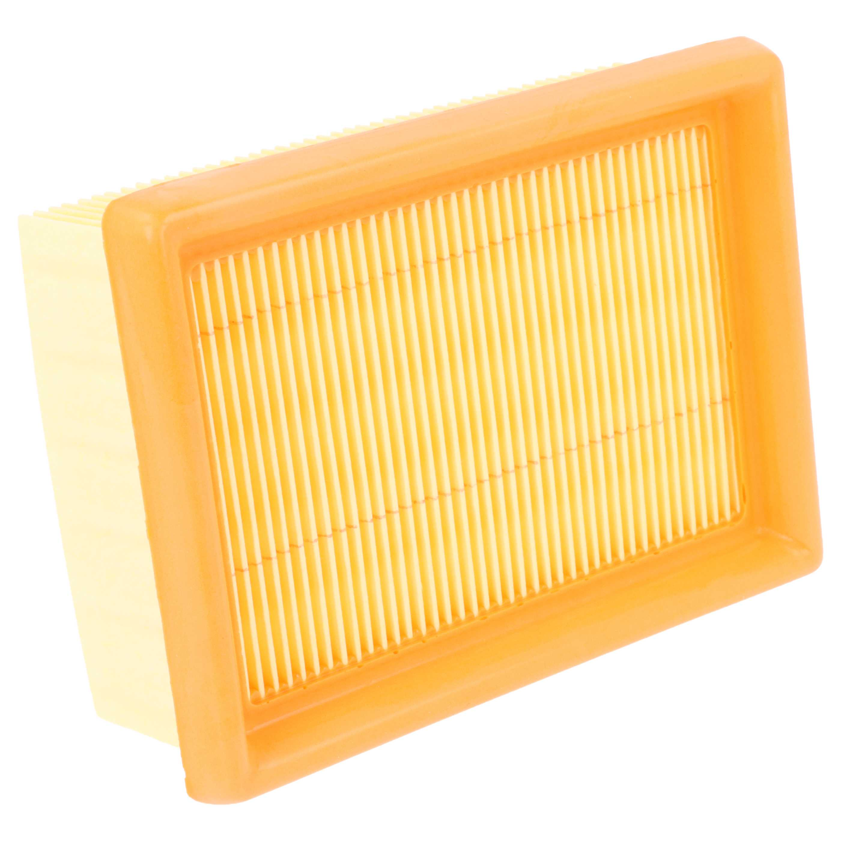 Ein rechteckiger, gelber Luftfilter mit orangefarbenem Rahmen.