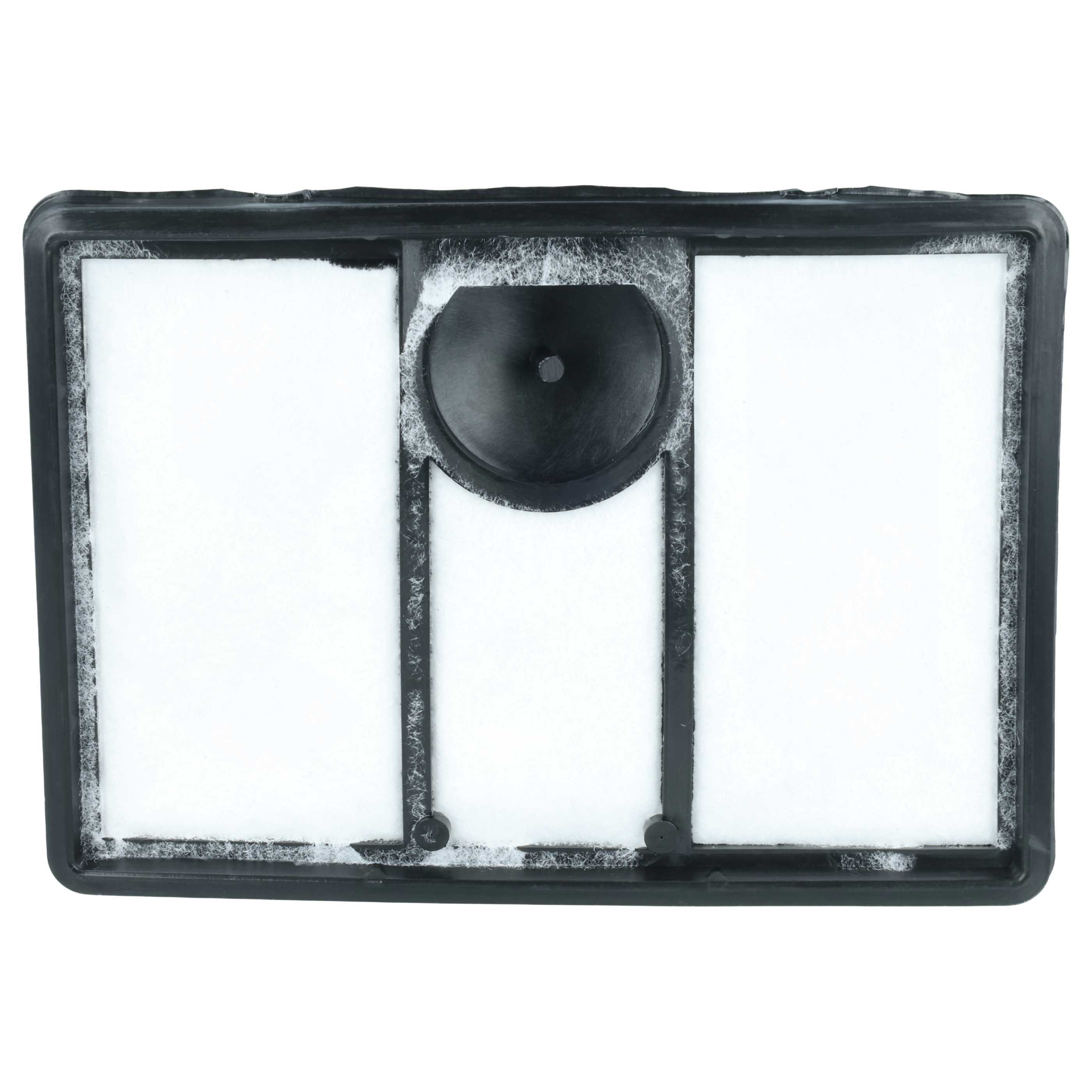 Schwarzer rechteckiger Luftfilter mit weißem Filtermaterial und einem schwarzen Mittelteil.