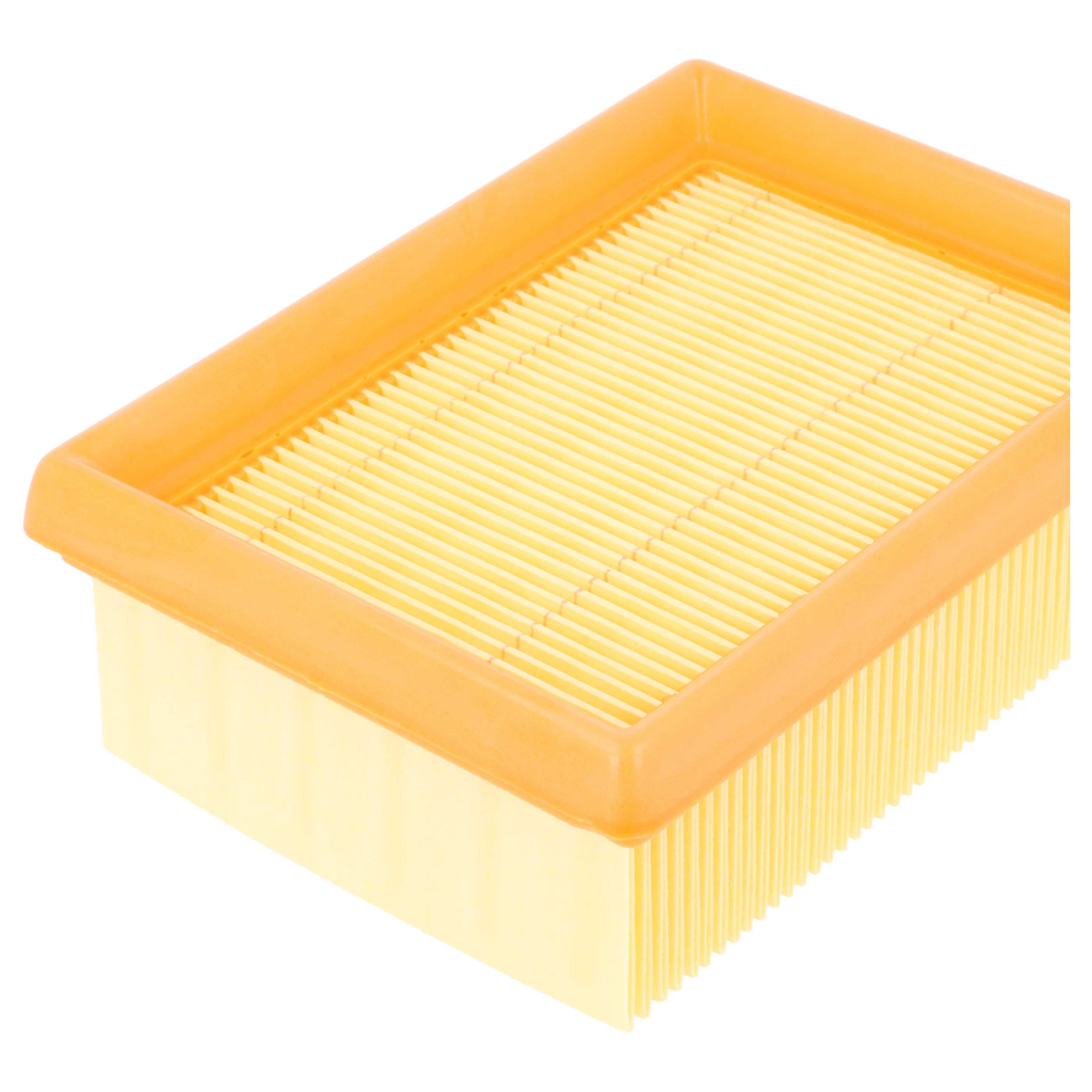 Ein rechteckiger gelber Luftfilter mit orangefarbener Dichtung.