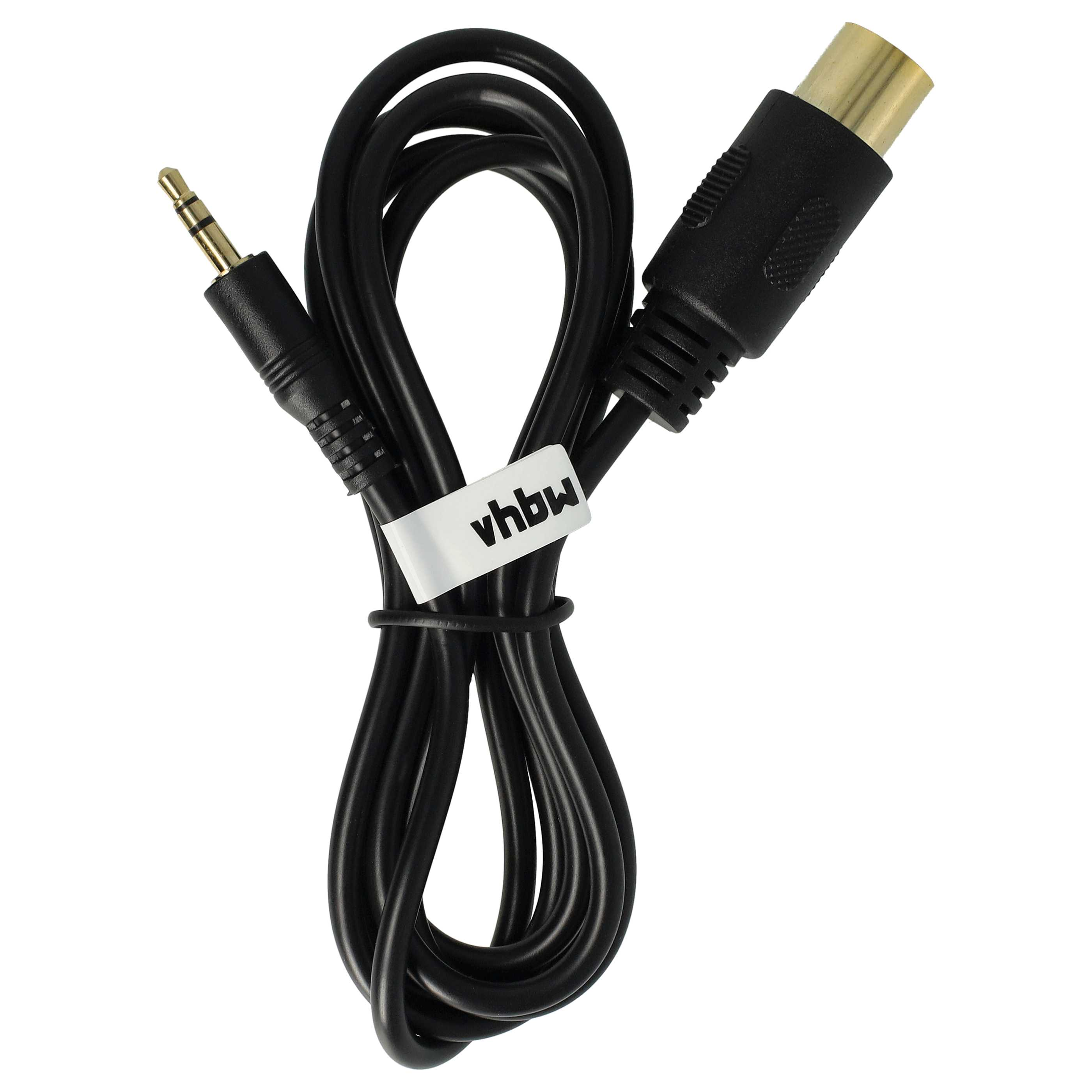 Schwarzes Kabel mit 3,5-mm-Klinkenstecker und S-Video-Stecker.