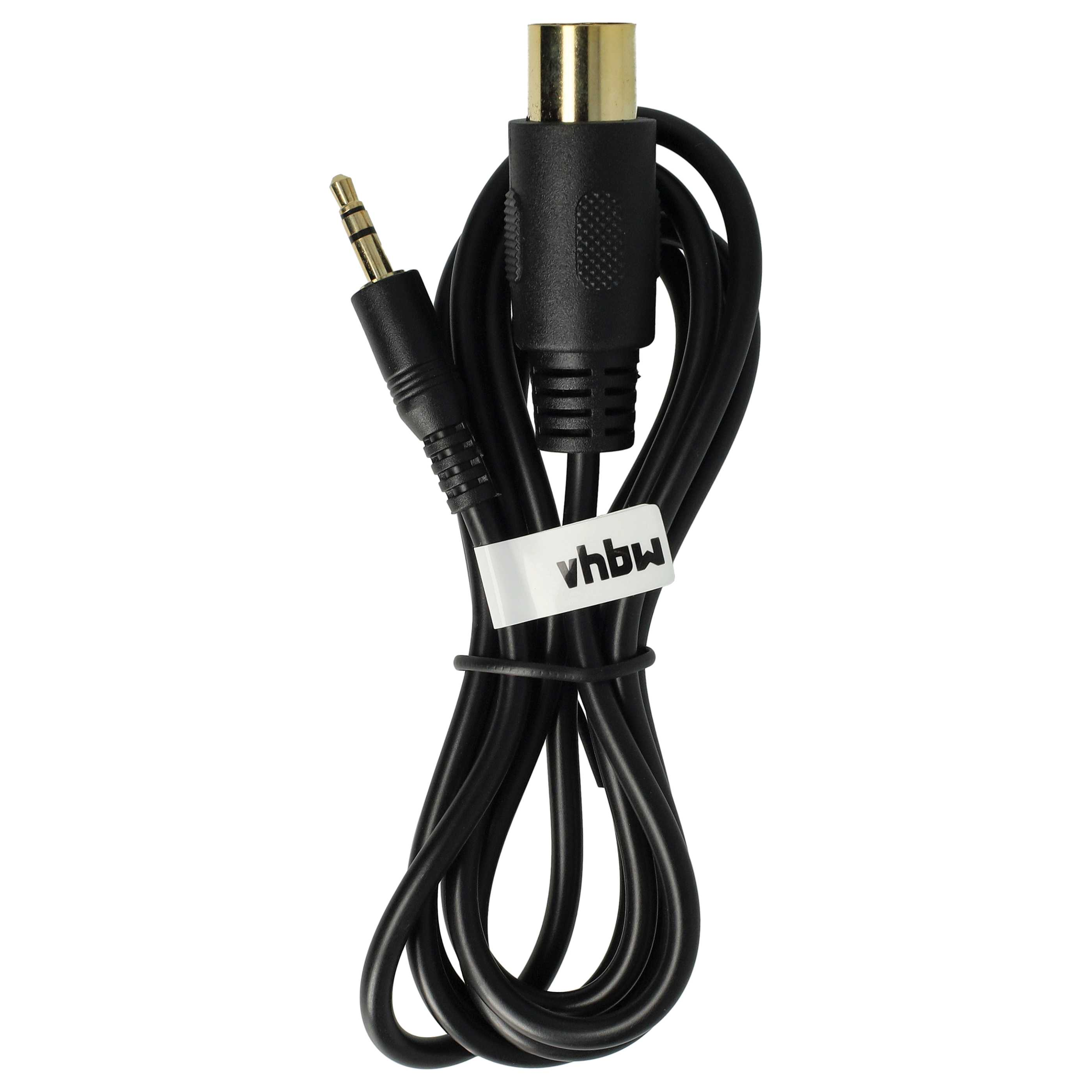 Schwarzes Kabel mit 3,5-mm-Klinkenstecker und goldenem DIN-Stecker.