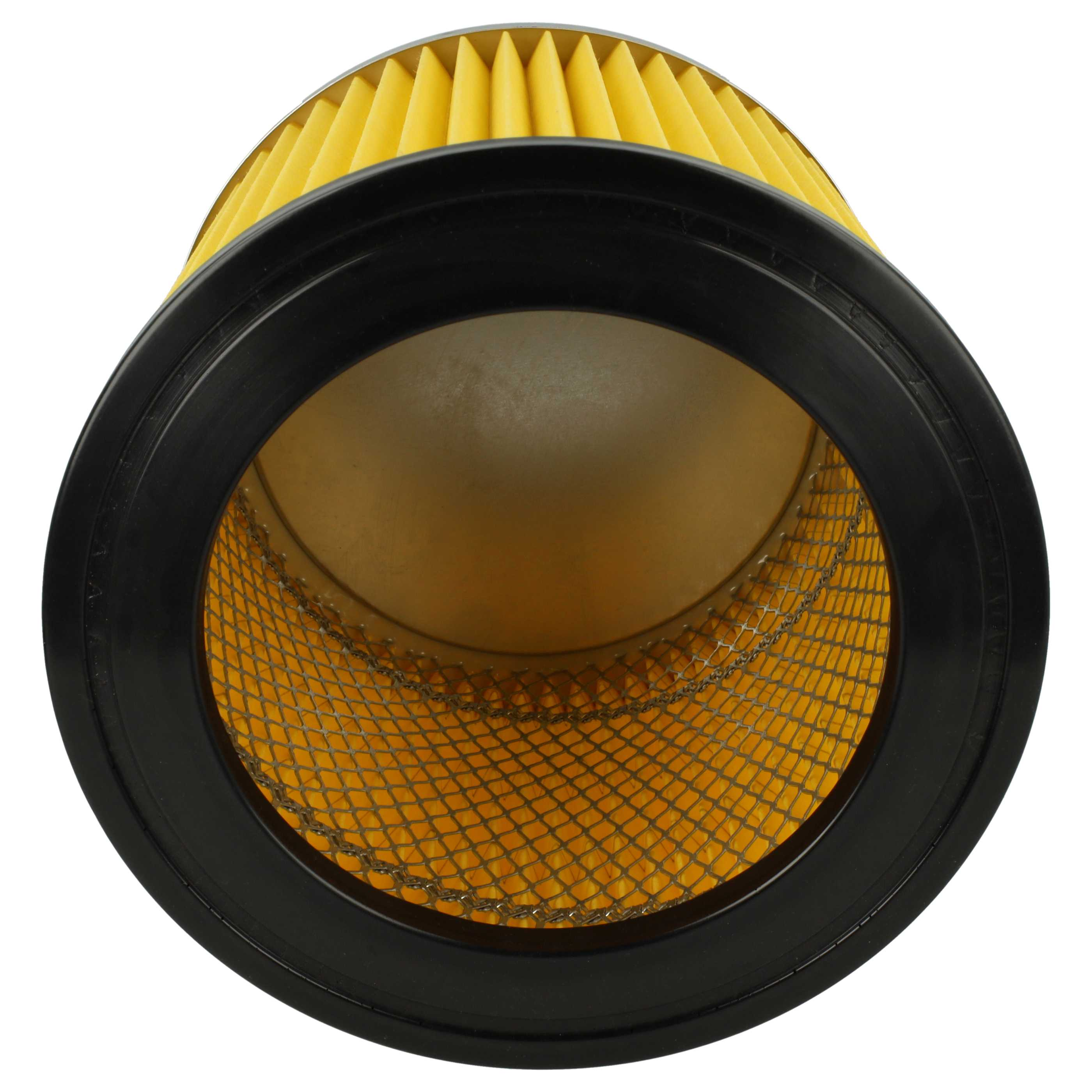Draufsicht eines gelben Faltenluftfilters mit schwarzer Gummidichtung und Metallgitter.