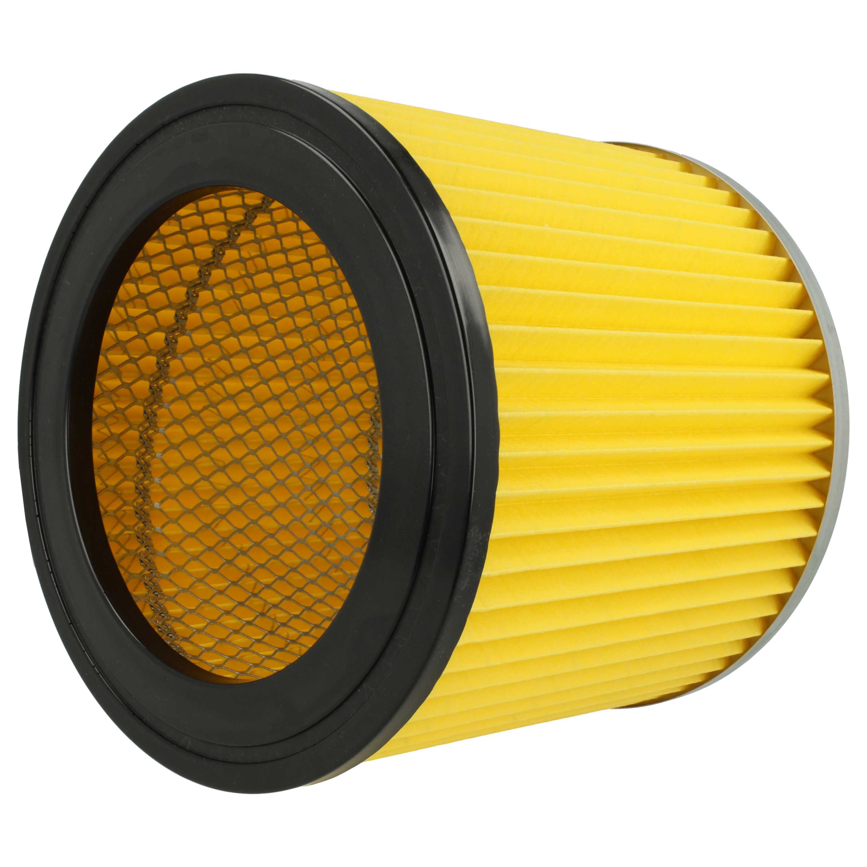 Ein zylindrischer Luftfilter mit gelben Falten und schwarzem Rand.