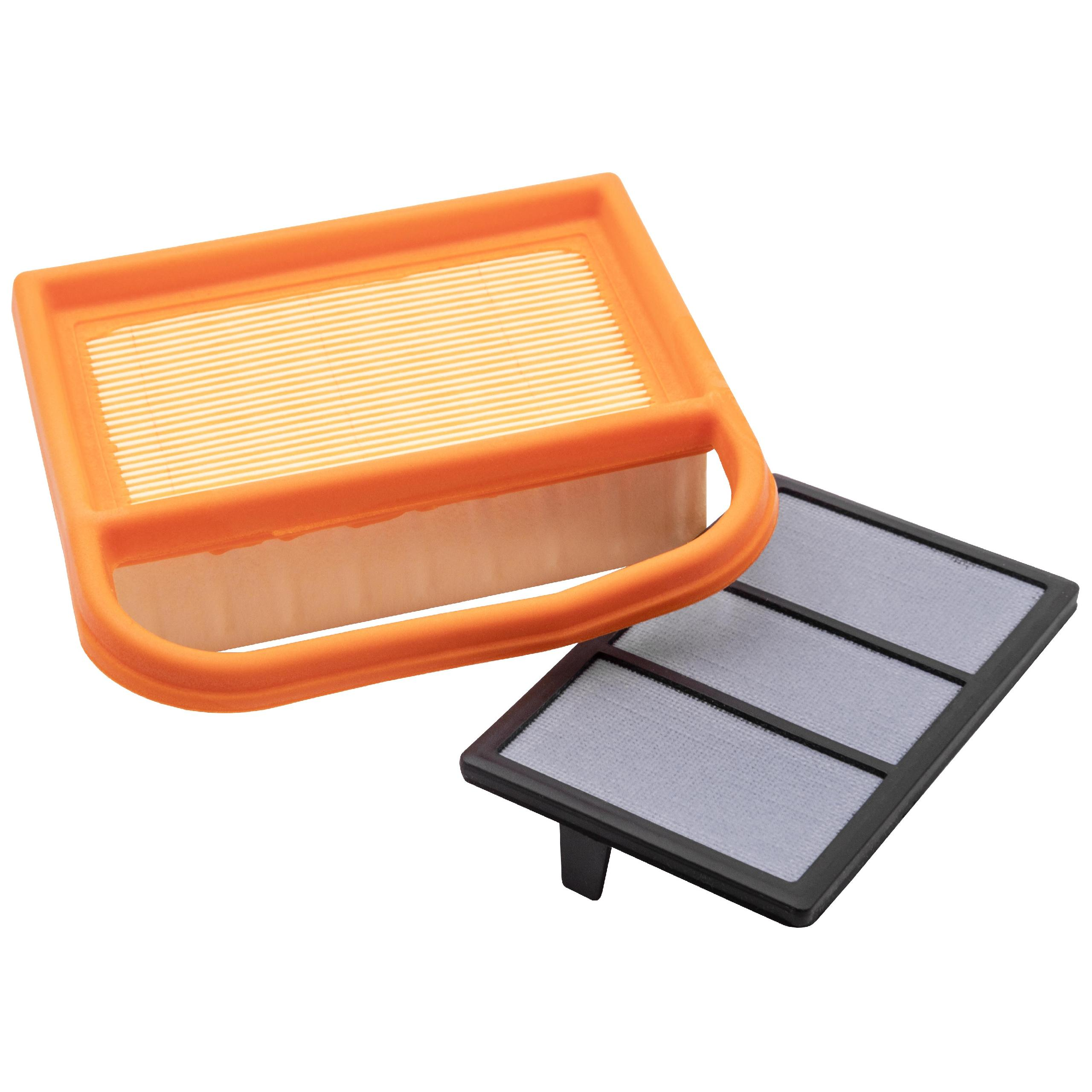 Ein orangefarbener Luftfilter neben einem schwarzen Filterelement.
