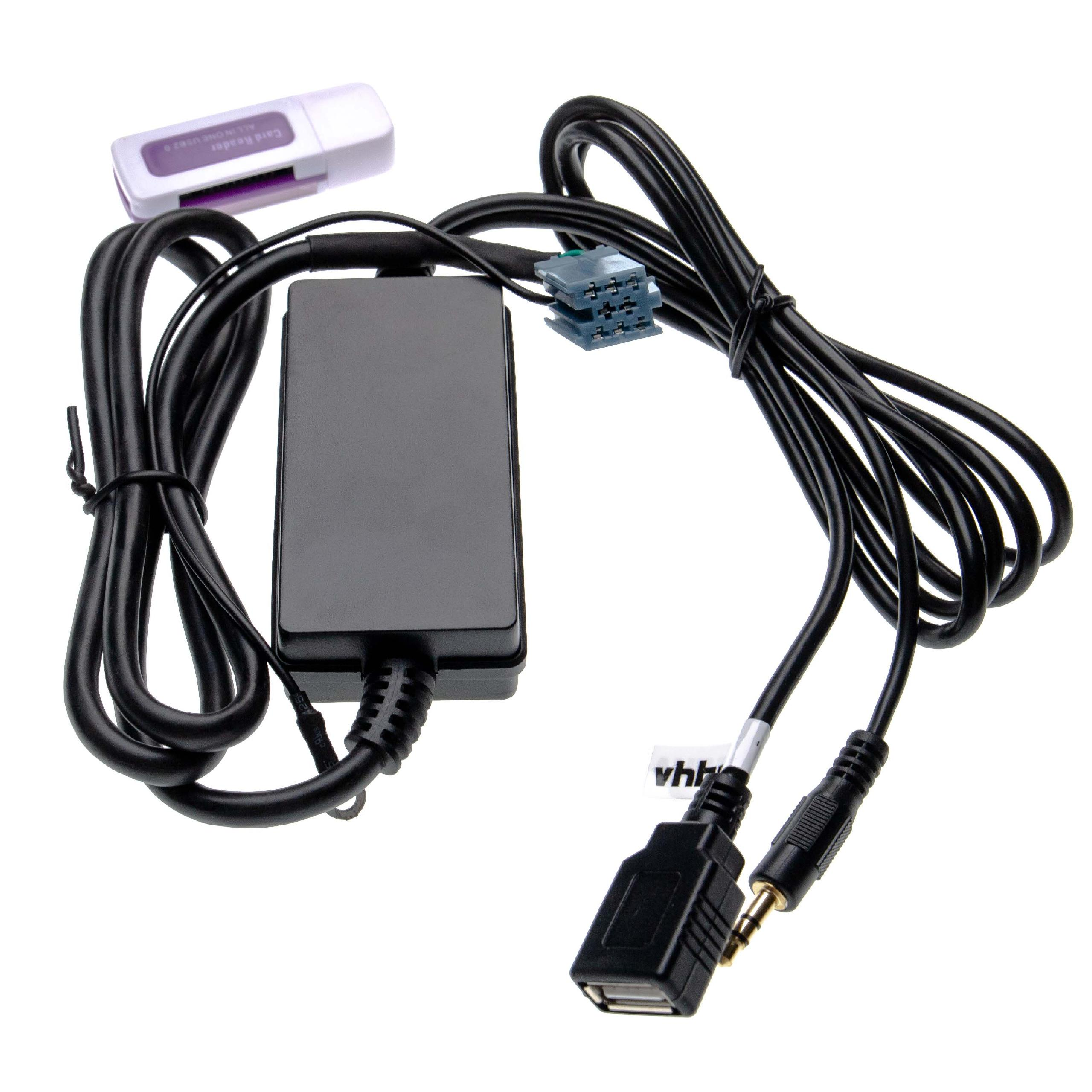 Ein schwarzer Kabelbaum mit USB- und Klinkensteckern, einer Steuereinheit und einem Kartenleser.