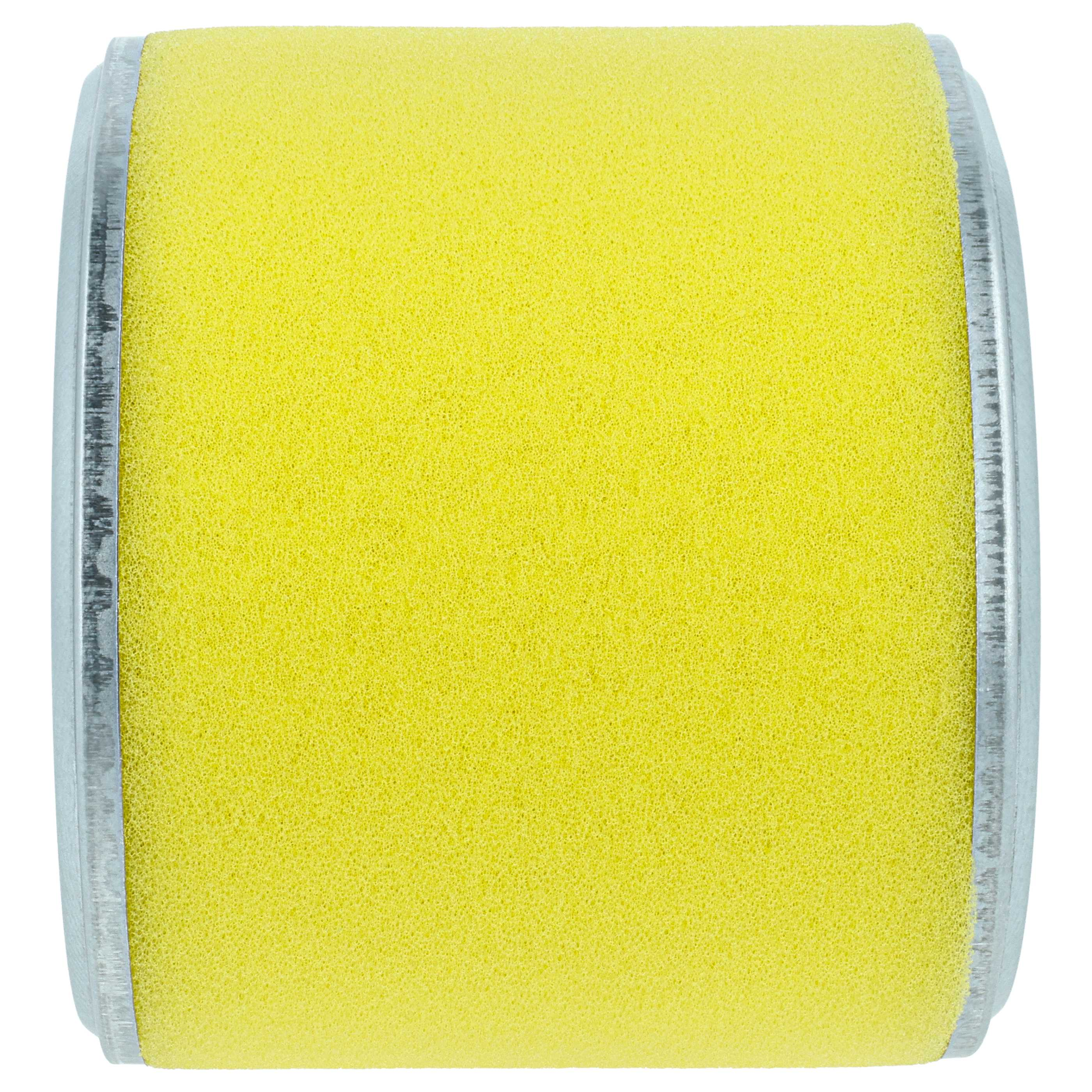 Ein zylindrischer Luftfilter mit gelbem Schaumstoff und silbernen Metallkanten.