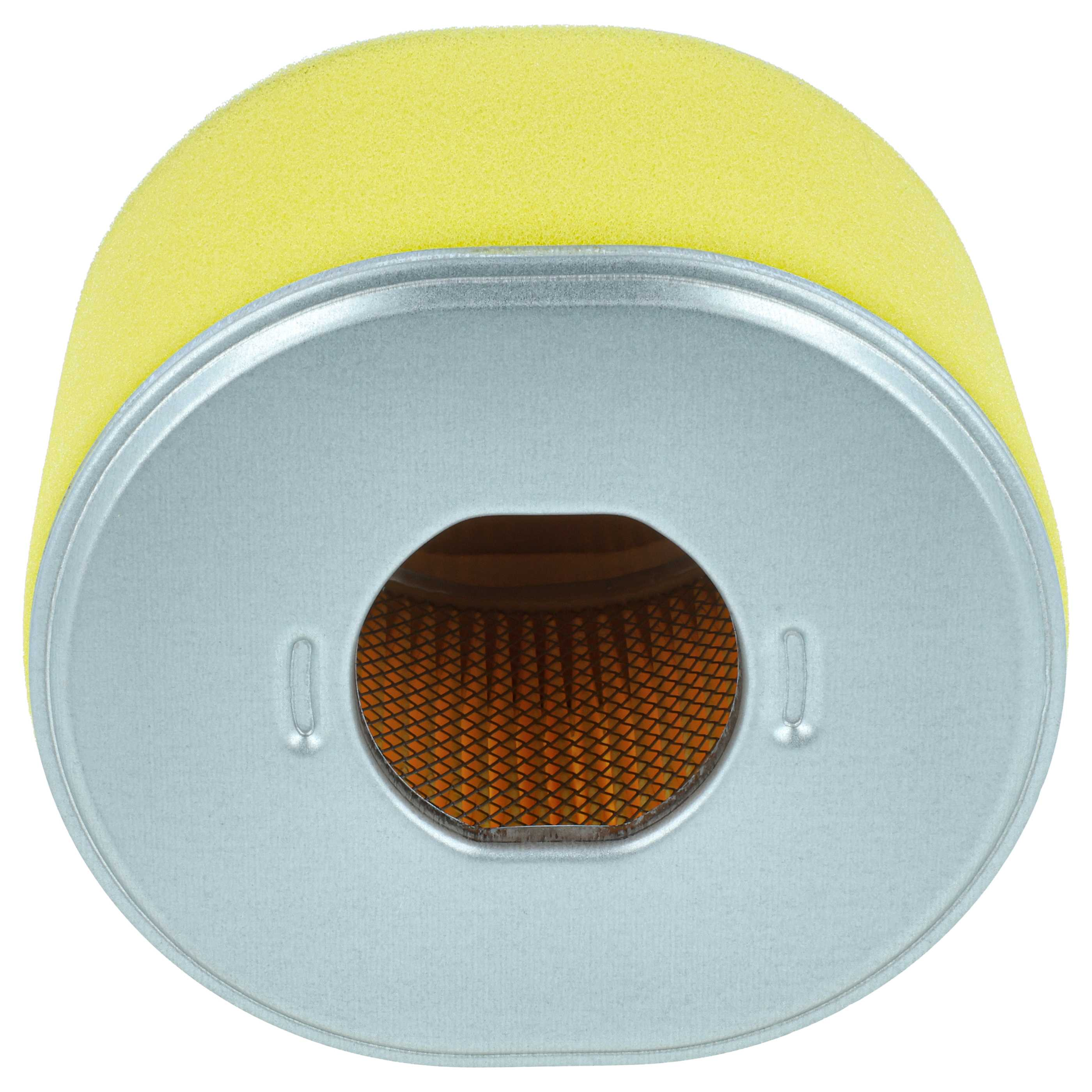 Ein runder, gelber Schaumstofffilter mit einem silbernen Metallrand und einem zentralen Ausschnitt.