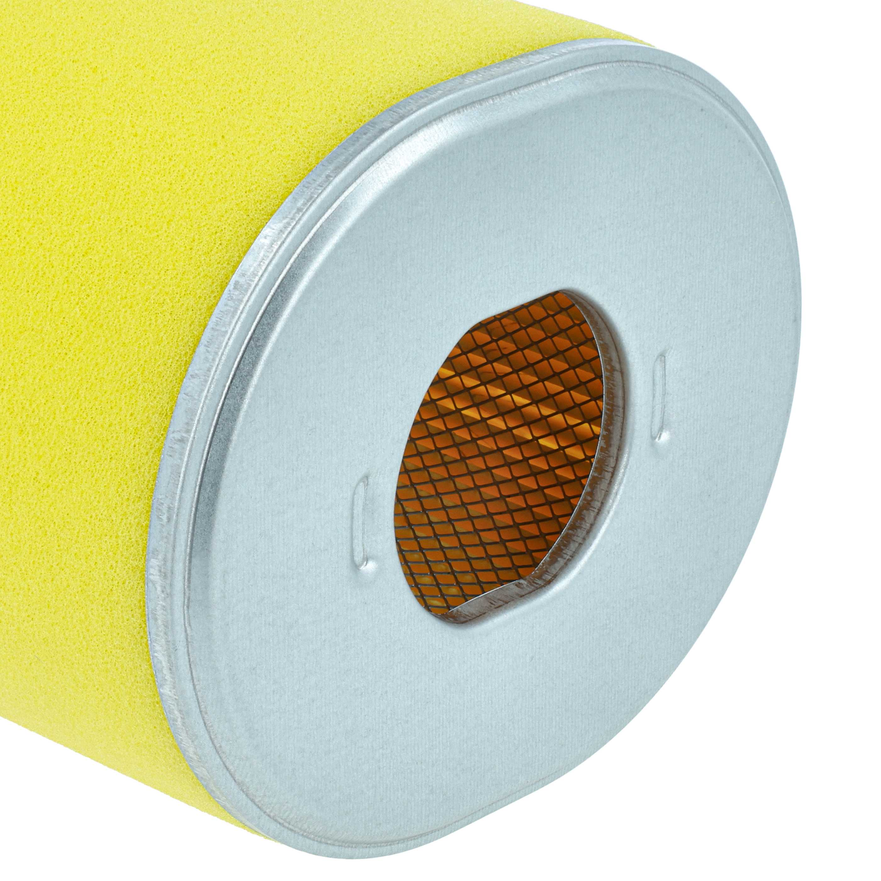 Gelber Luftfilter mit silbernem Metallrand und orangefarbenem Gitter im Inneren.