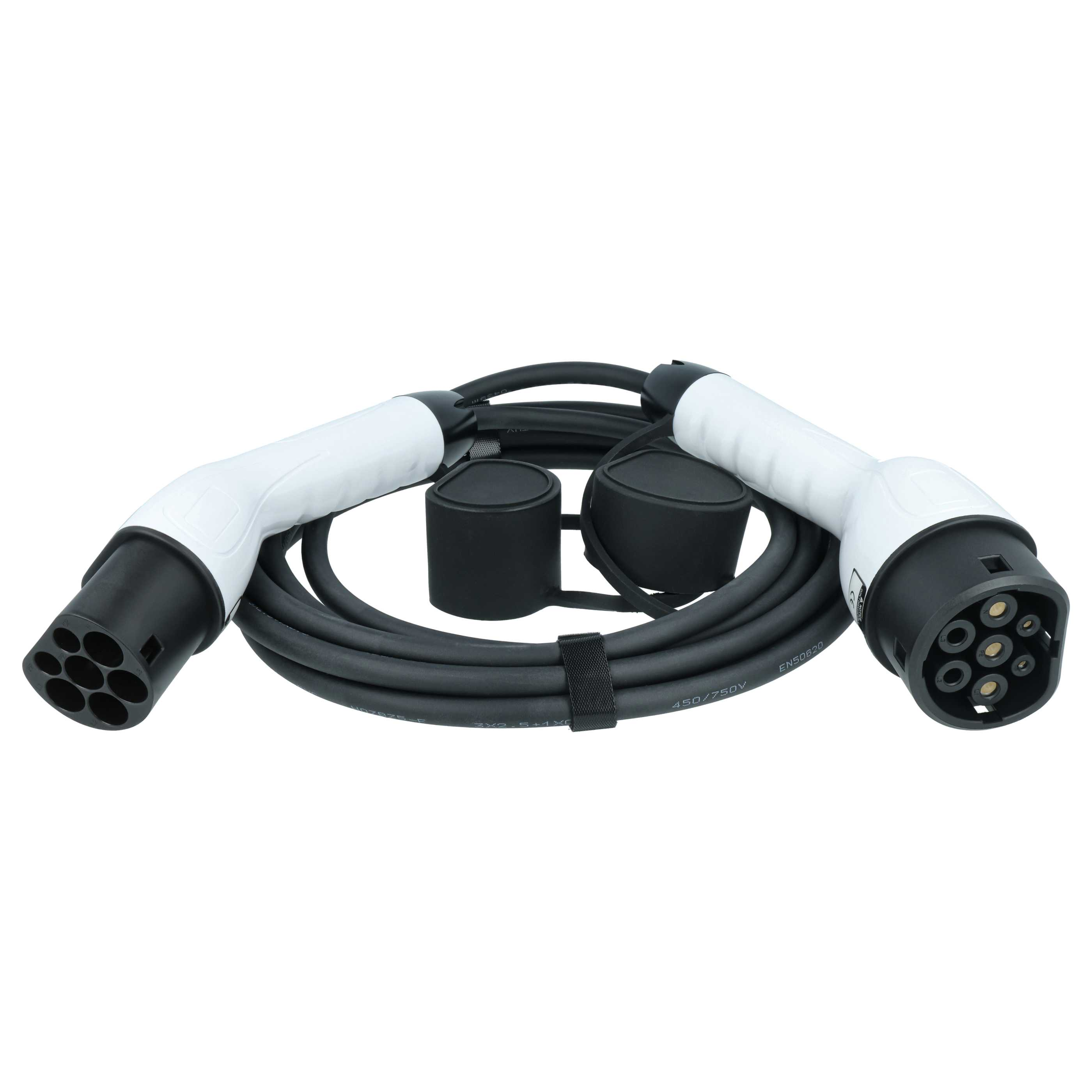 Ein schwarzes Ladekabel mit weißen Steckern und Schutzkappen.