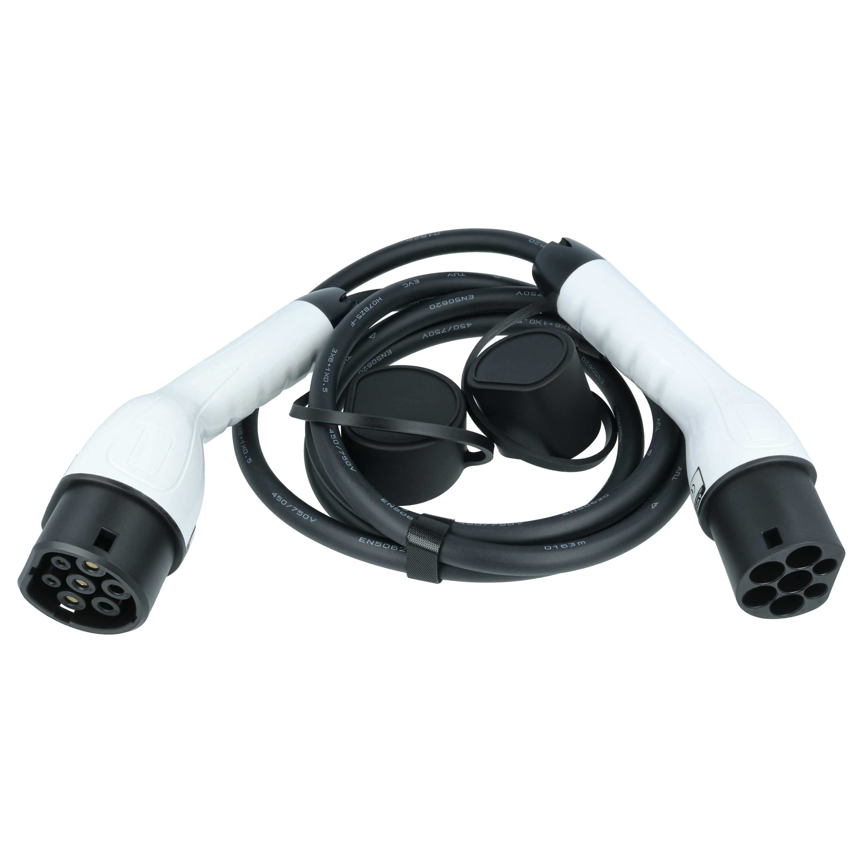 Ein schwarzes Ladekabel mit weißen Steckern und Schutzkappen.