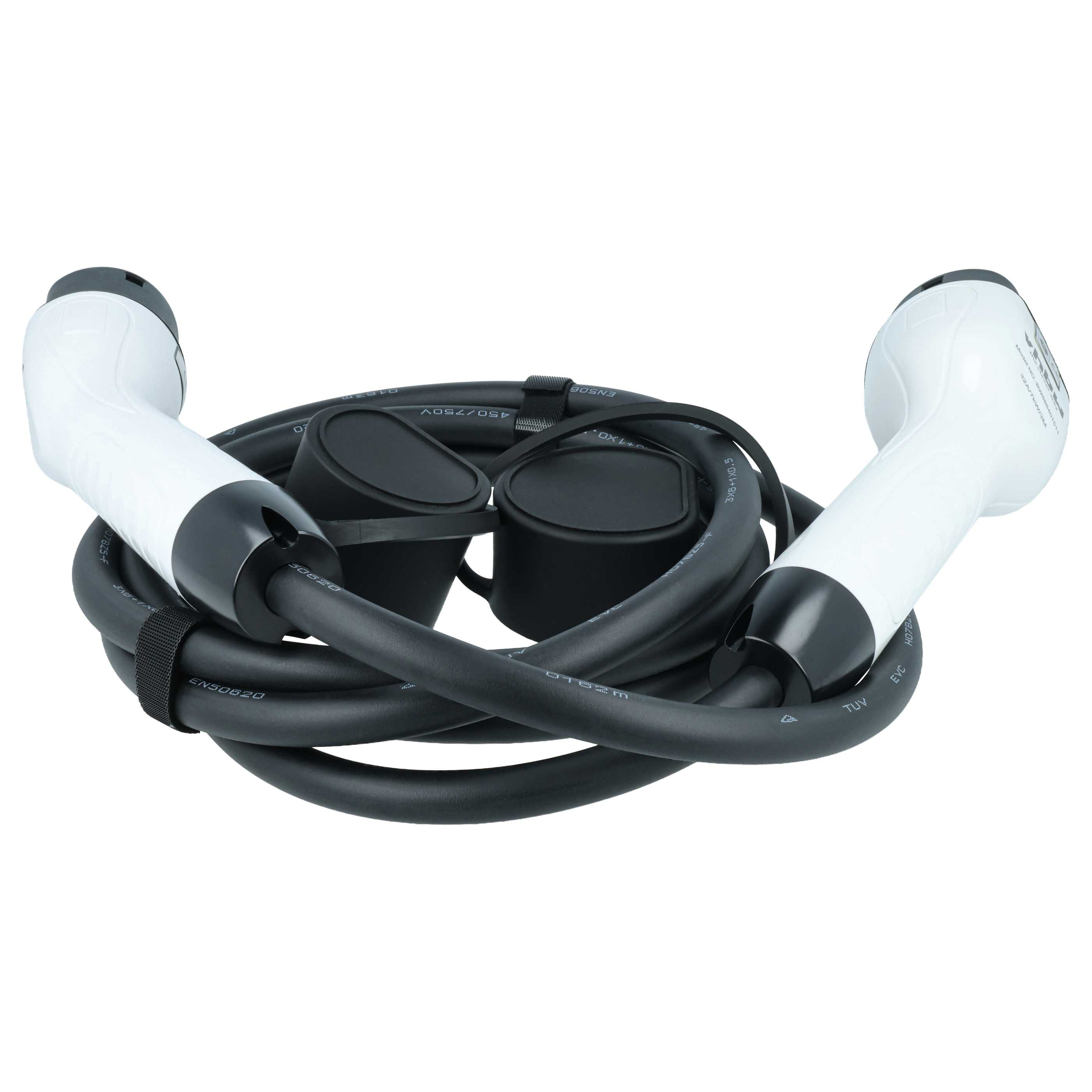 Ein schwarzes Ladekabel mit zwei weißen Steckern und schwarzen Kappen.