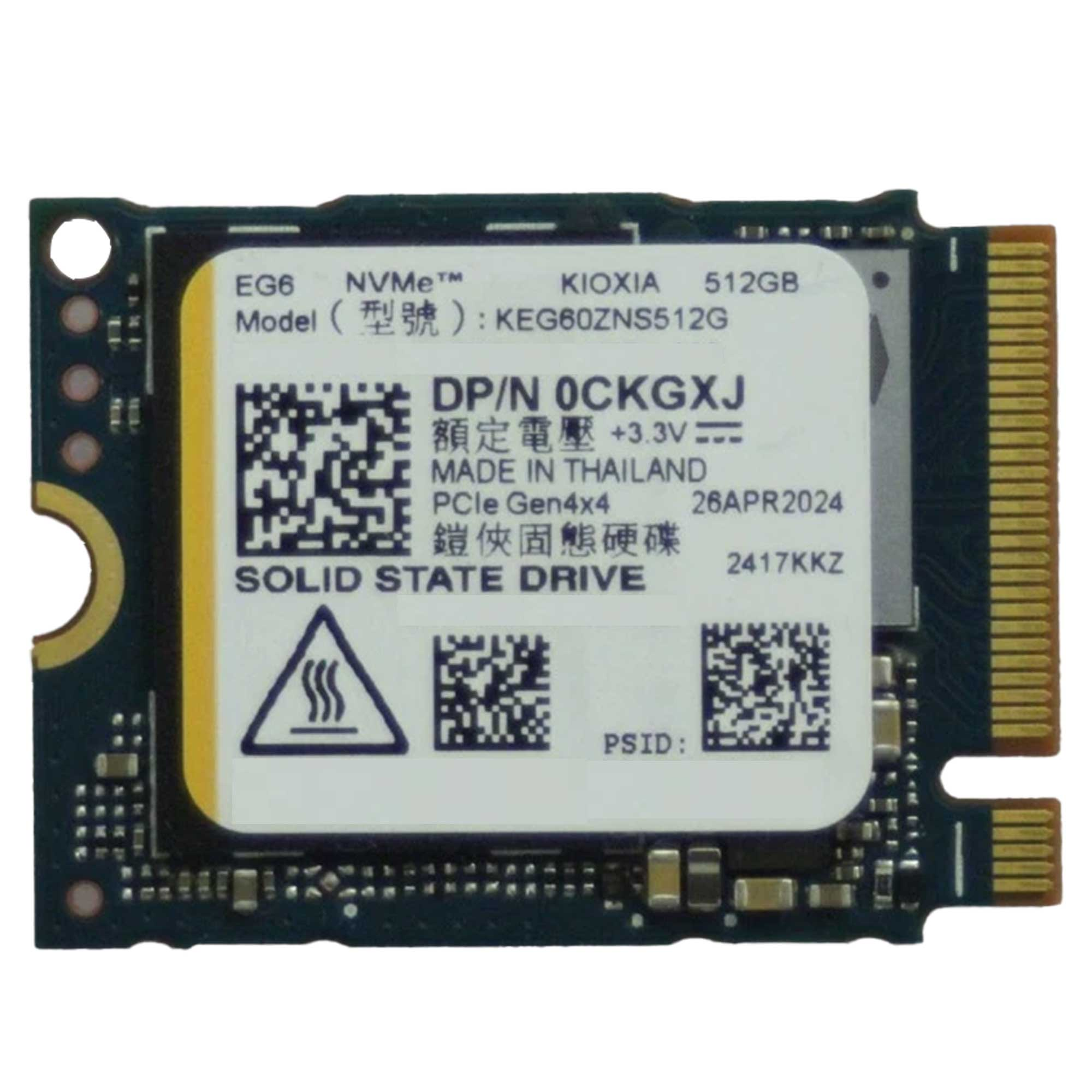 Tayland'da üretilmiş Kioxia 512GB NVMe SSD, model KEG60ZNS512G.