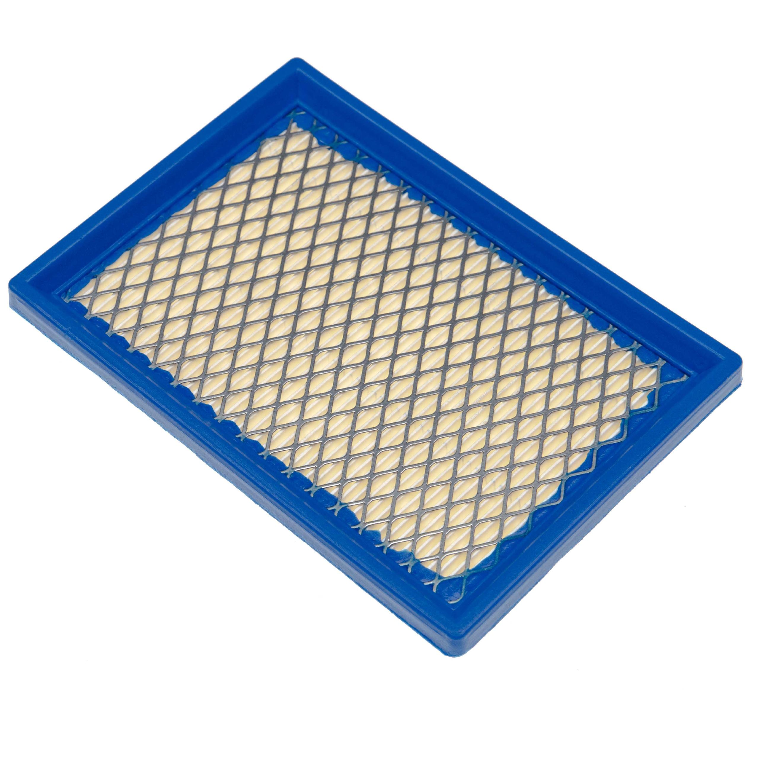 Ein rechteckiger blauer Luftfilter mit einem Metallgitter und weißem Filtermedium.