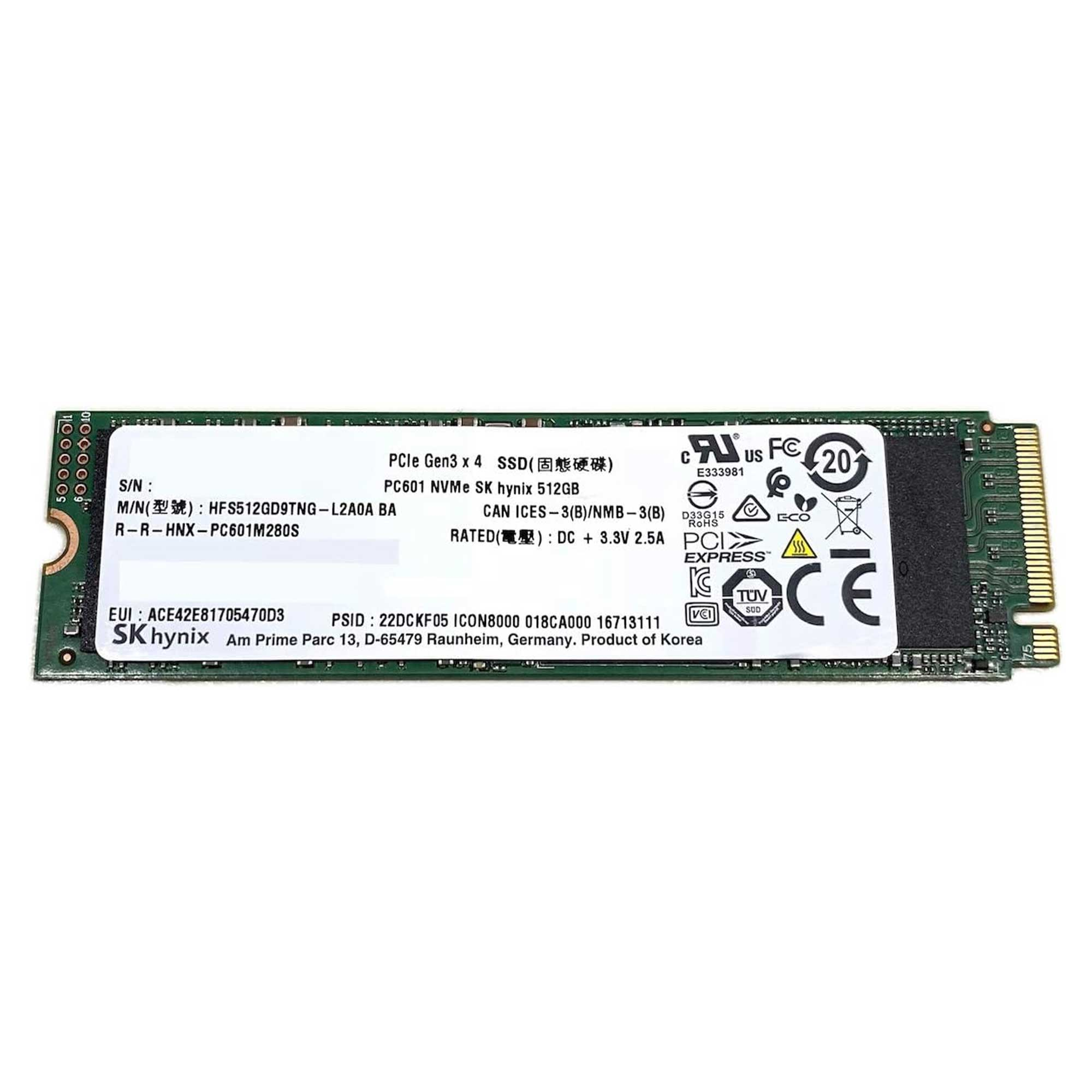 Etiketli M.2 SSD: PCIe Gen3 x4, 512GB, SKhynix, PC601 model.
