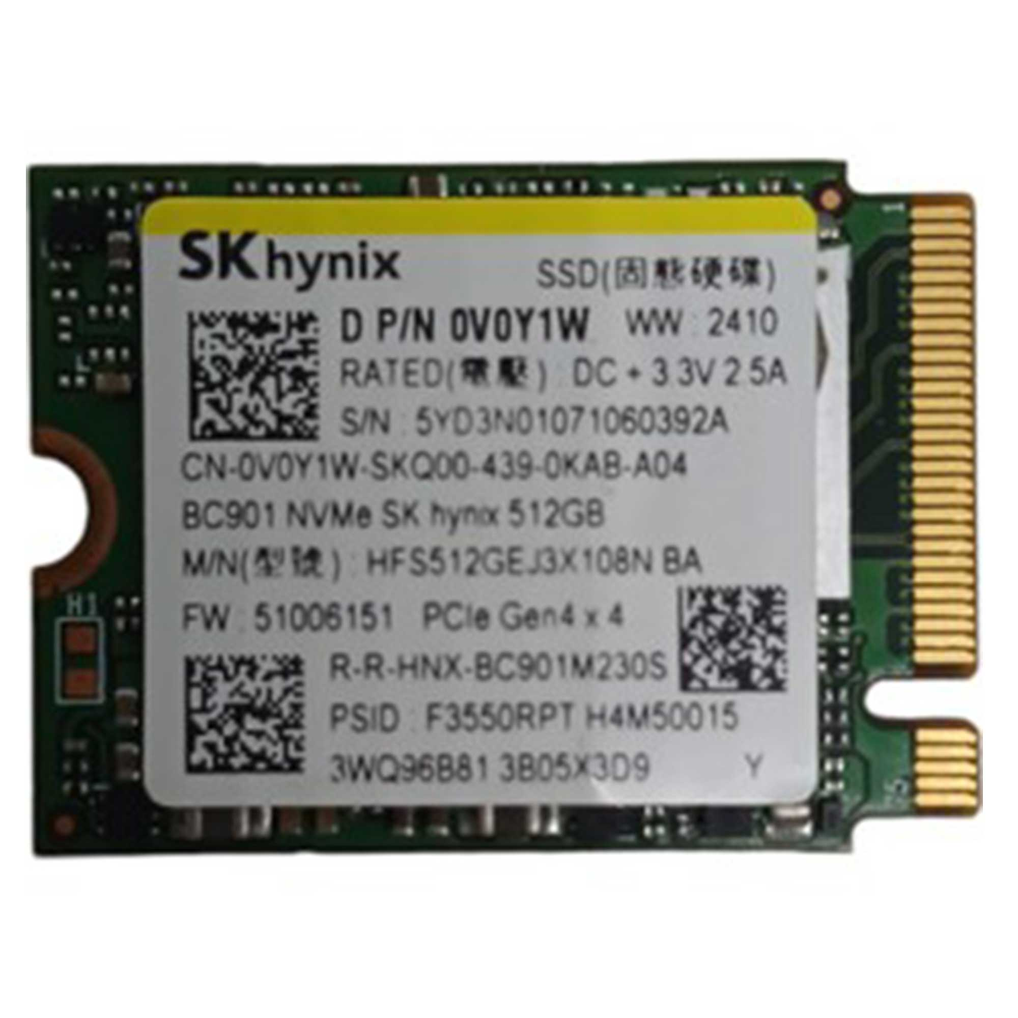 Etiketli, altın kontaklı ve yeşil devre kartlı bir SK hynix SSD M.2 2280.