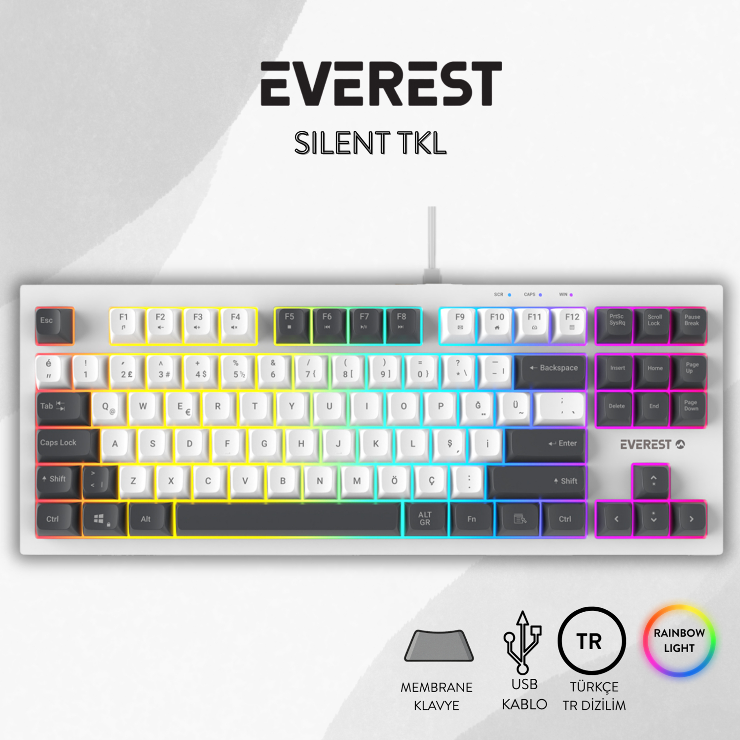 RGB aydınlatmalı ve Türkçe Q klavyeli beyaz Everest Silent TKL klavye.