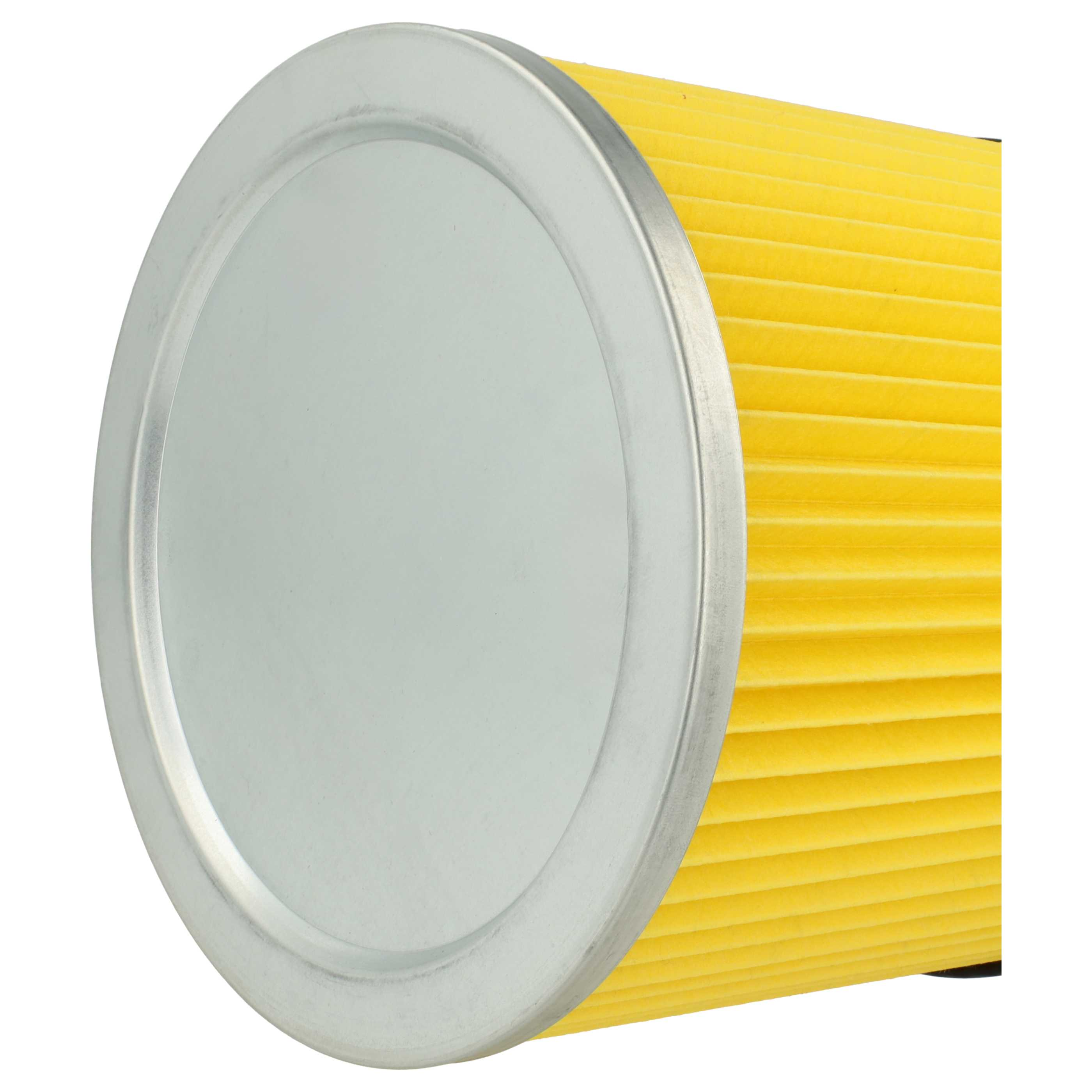 Ein gelber Luftfilter mit silbernem Rand, im Detail.