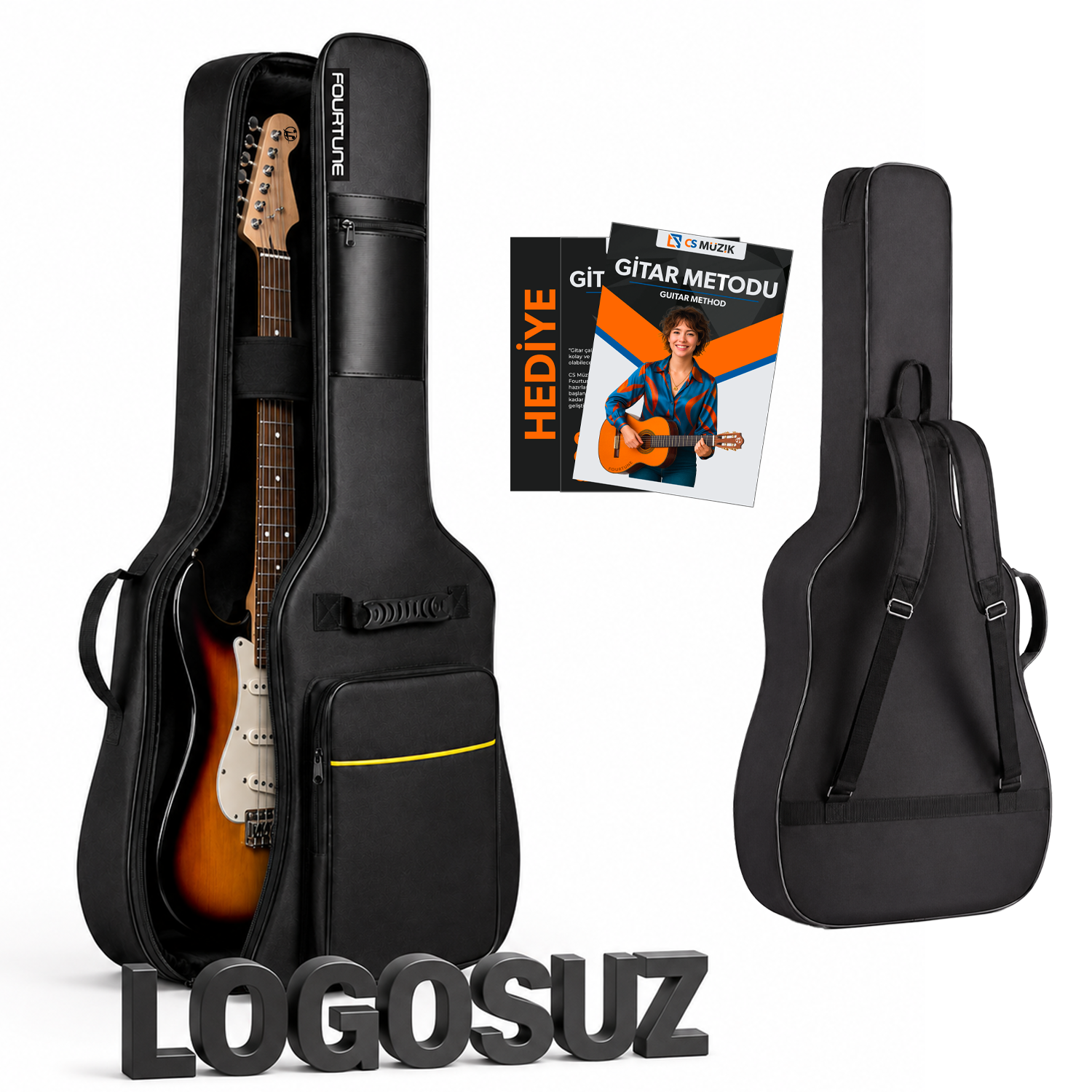 Gitar, gitar metot kitabı ve başka bir kılıf içeren bir gitar kılıfı.