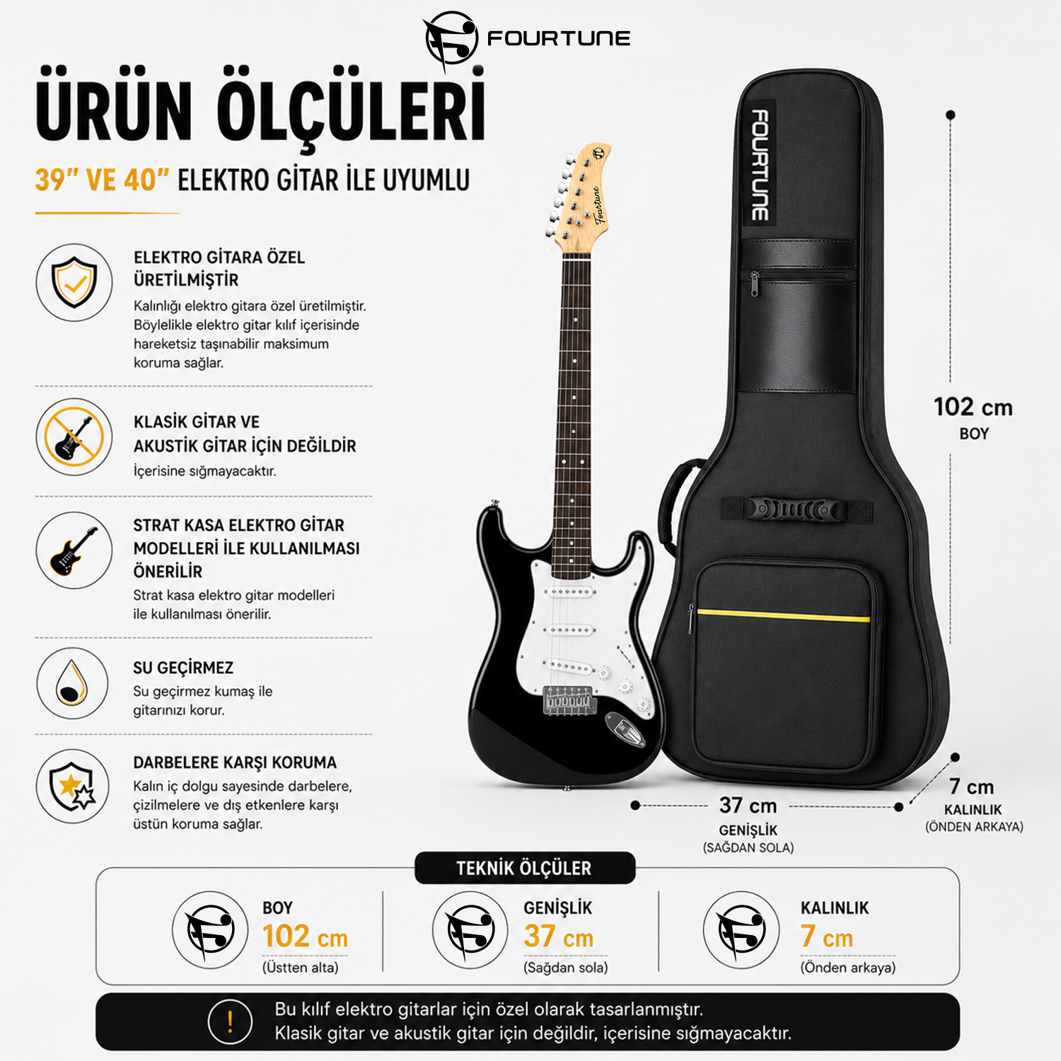 Elektro gitarın yanında siyah gitar çantası. Boyutlar: 102cm uzunluk, 37cm genişlik, 7cm derinlik.