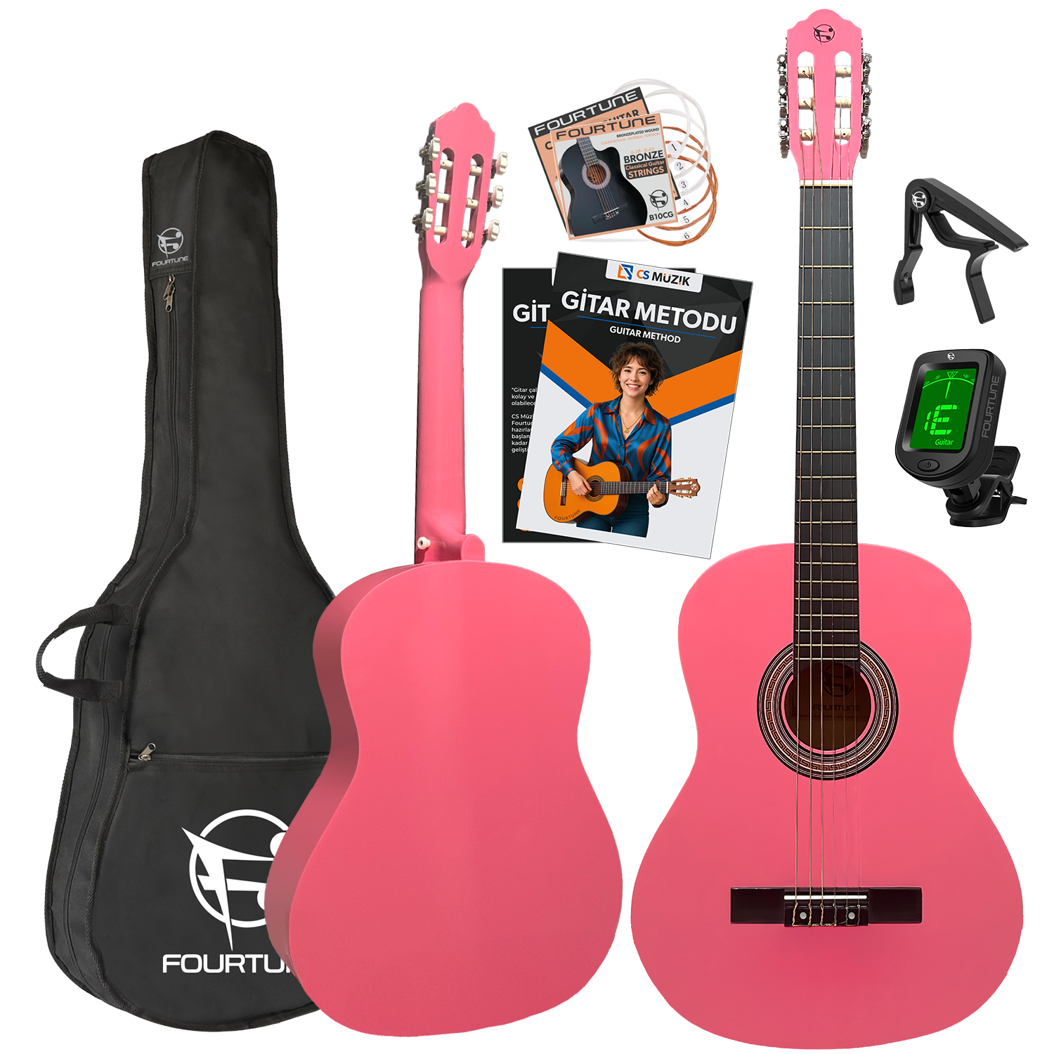 Pembe gitar seti; çanta, teller, tuner, kapo ve gitar metodu kitabı dahil.