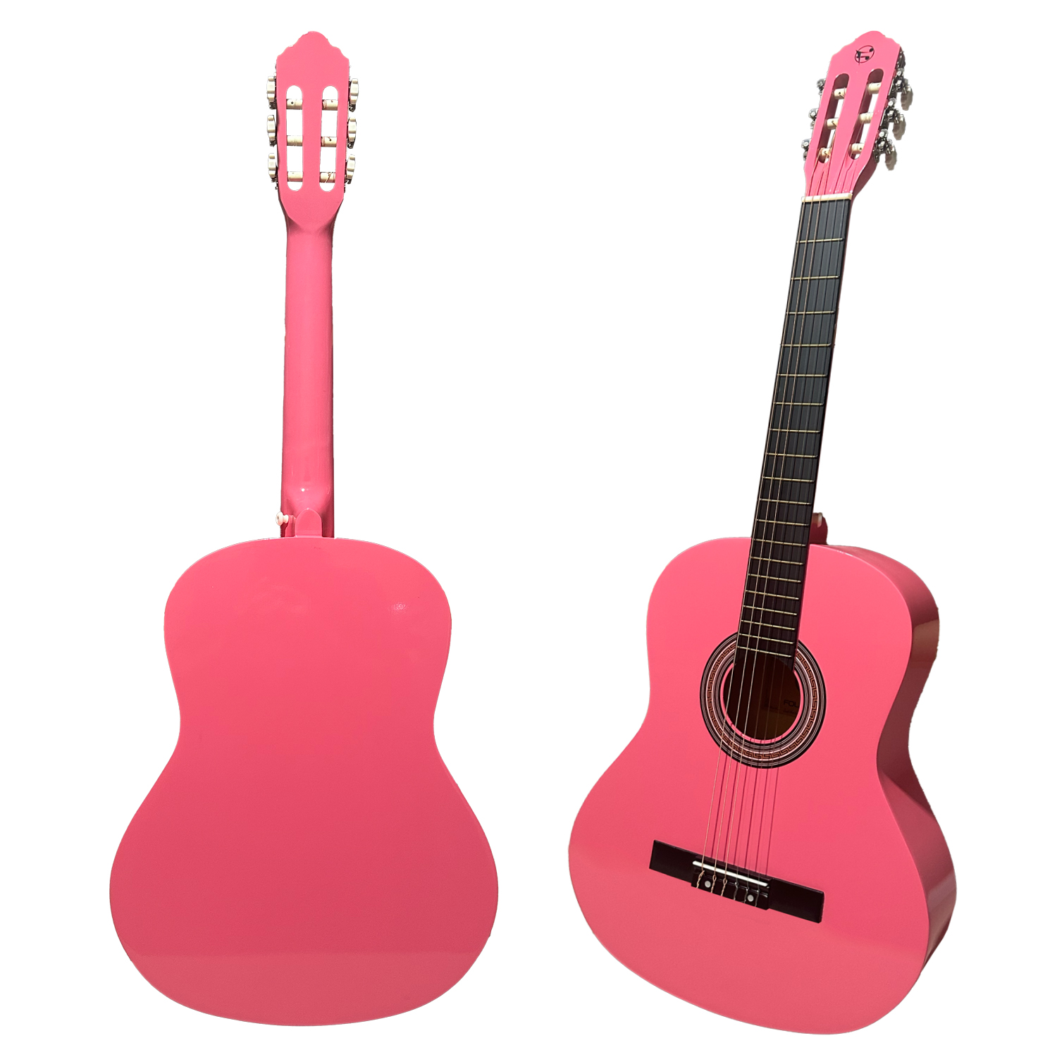 Altı telli pembe akustik gitar, önden ve arkadan gösteriliyor.