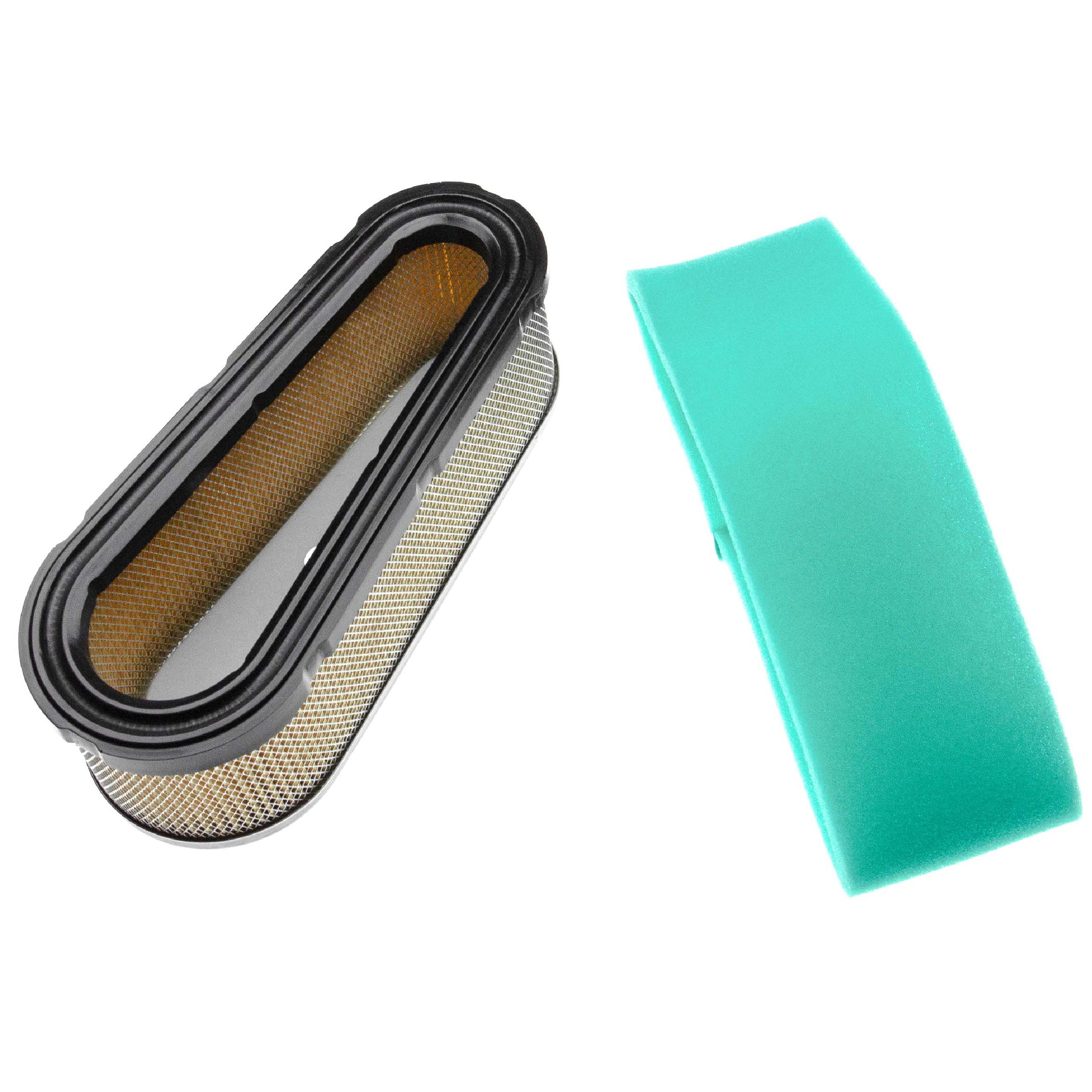 Ein ovaler Luftfilter mit schwarzem Rahmen neben einem rechteckigen, türkisfarbenen Schaumstofffilter.