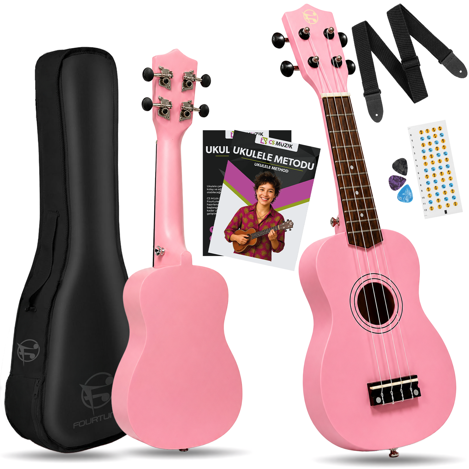 Pembe ukulele seti kılıf, askı, pena ve metod kitabı ile.