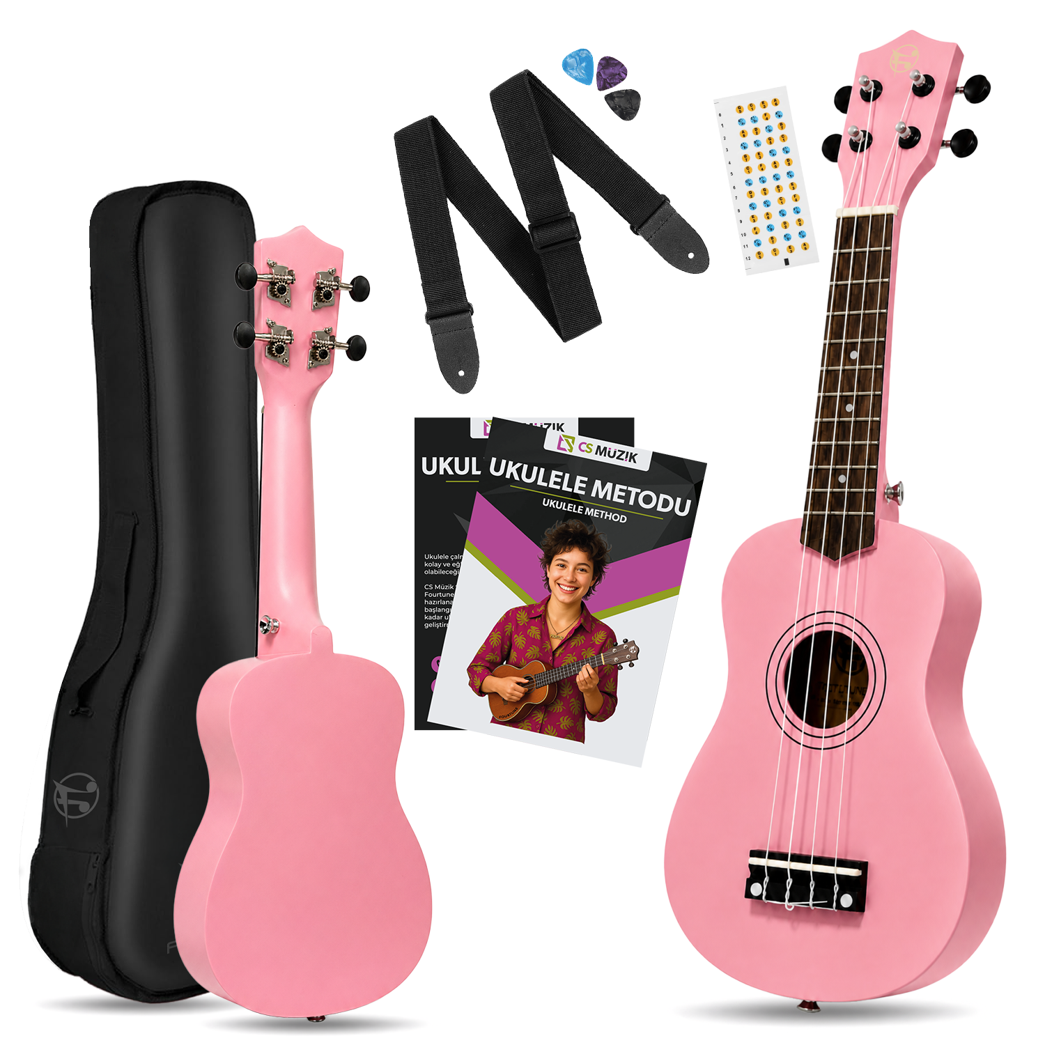 Bir kılıf, askı, pena ve çıkartma içeren iki pembe ukulele.