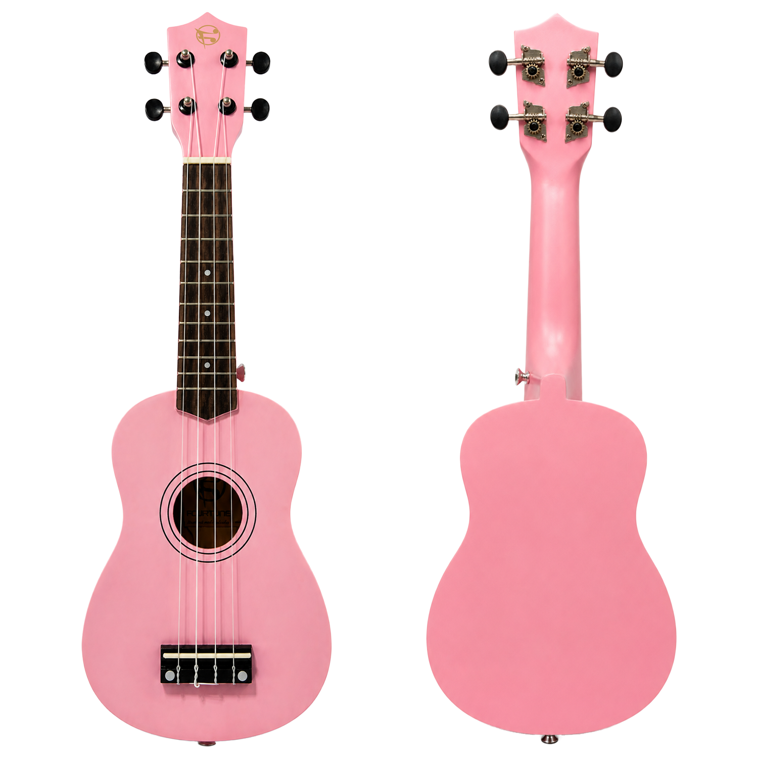 Beyaz arka planda önden ve arkadan gösterilen pembe bir ukulele.