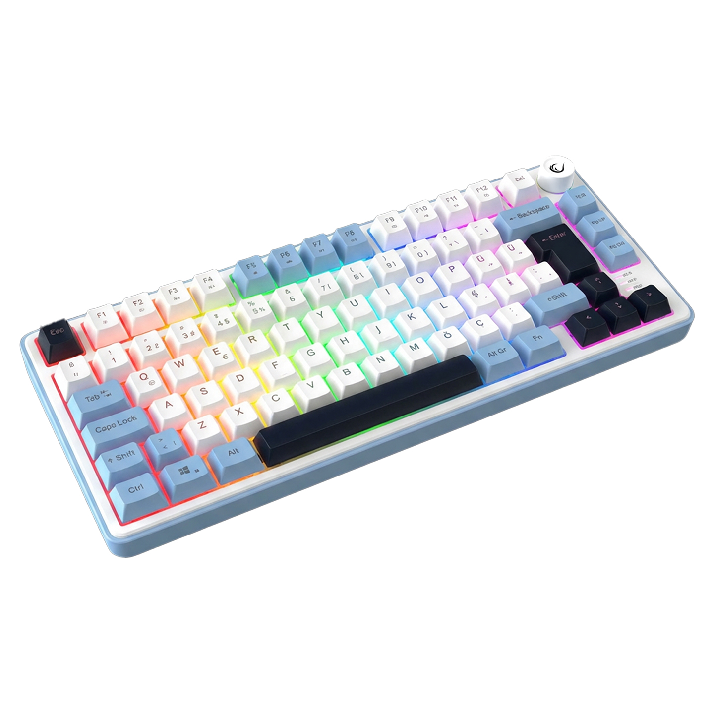 RGB arka aydınlatmalı açık mavi ve beyaz mekanik klavye.
