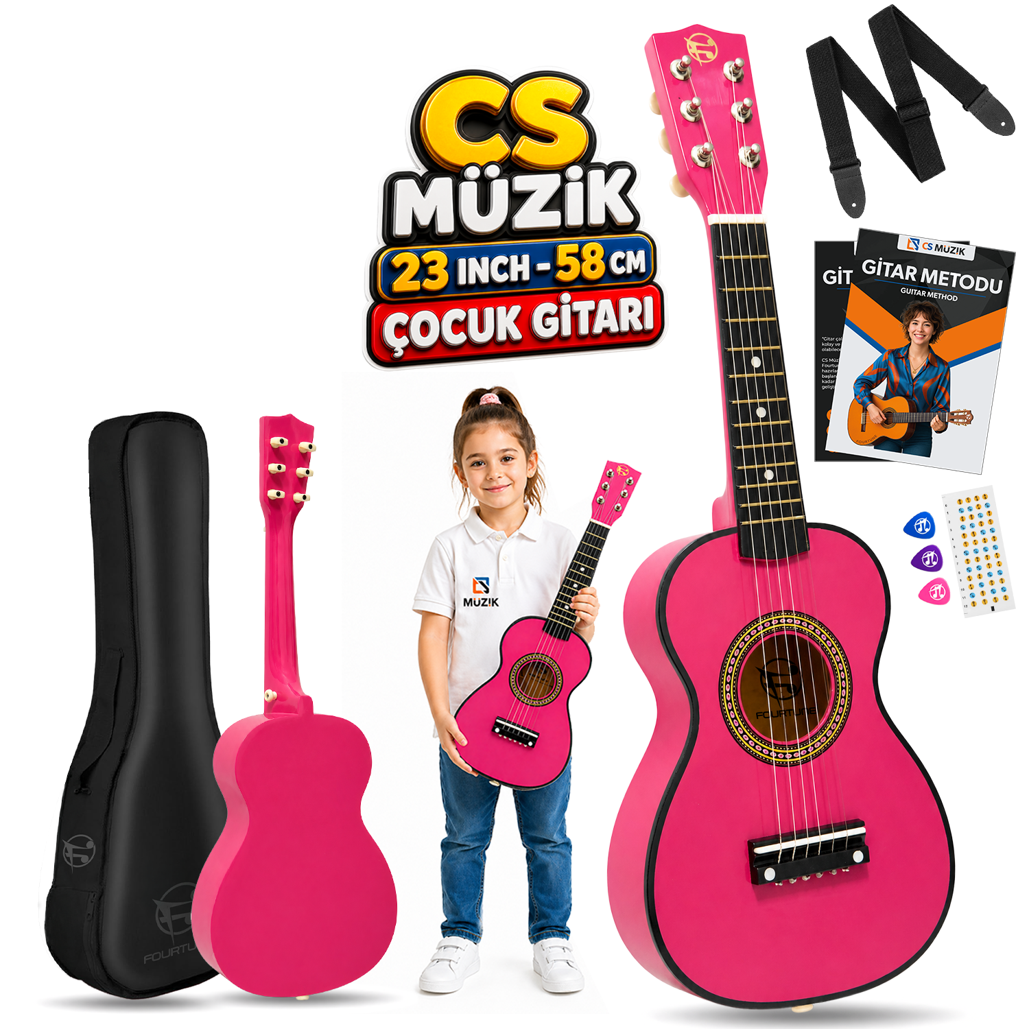 Kız çocuğu pembe gitar tutuyor. Birden fazla pembe gitar ve aksesuar görünüyor.