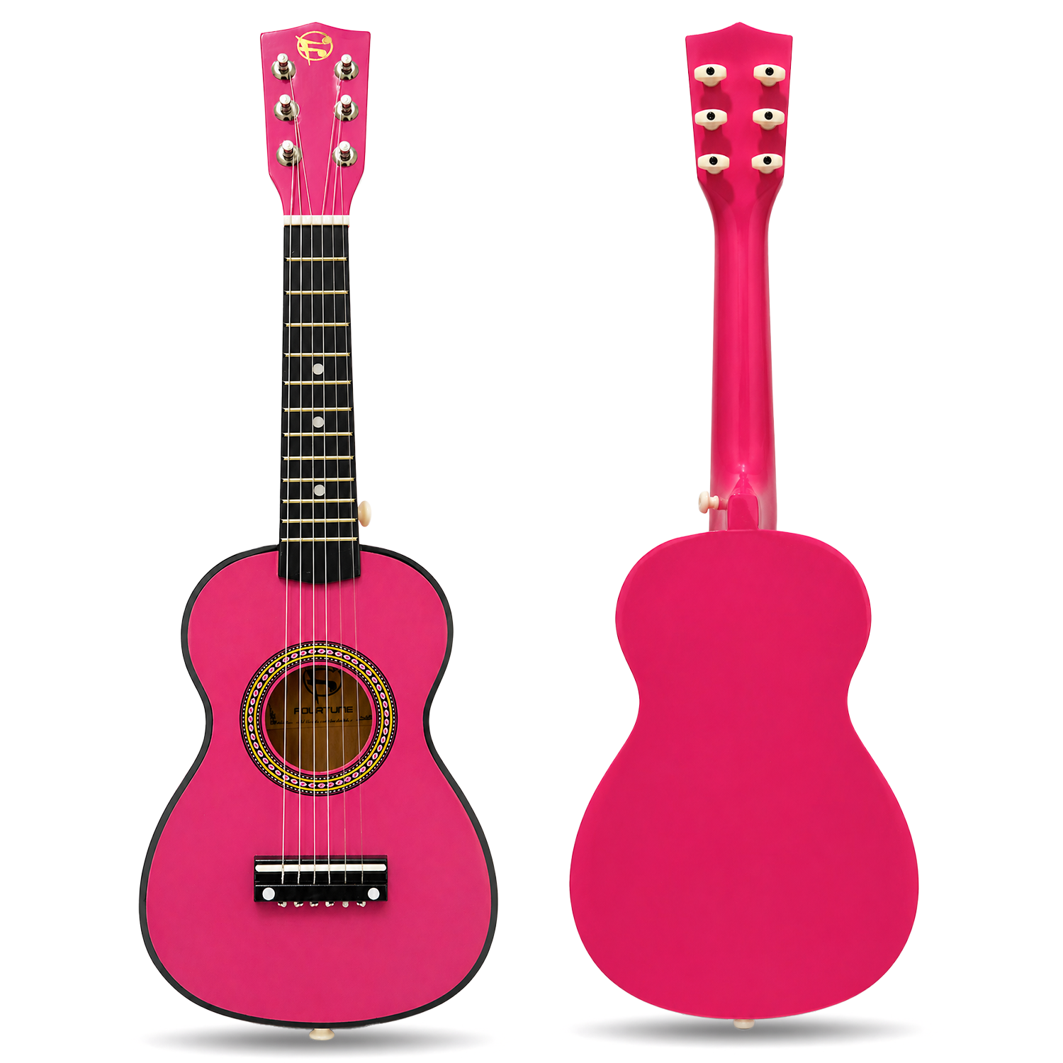 Altı telli parlak pembe çocuk gitarı, gümüş akort burguları.